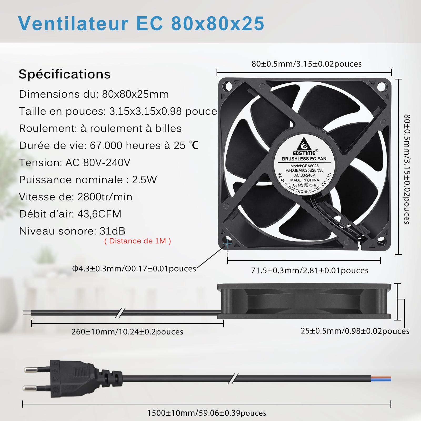GDSTIME AC EC Ventilateur 220V 80mm PC Fan 230V 80x80 à roulement à billes | ventilateur pc 80mm 220v fan 80x80x25