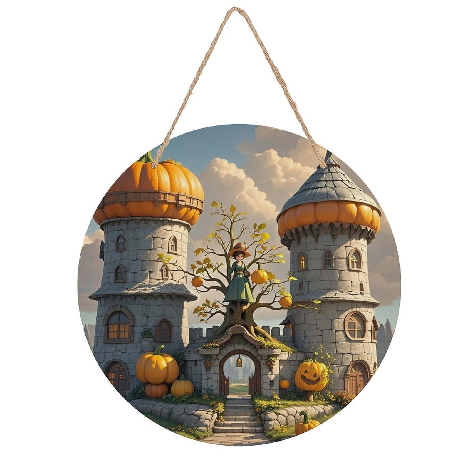 LZQPOEAS Pumpkin Loft Wall Art Decor Round Wood Hanging Sign Rustic Vintage Wooden Door Hanger with Ropes Decorative Plaque Welcome Sign for Home Indoor Outdoor, 7.9x7.9 in