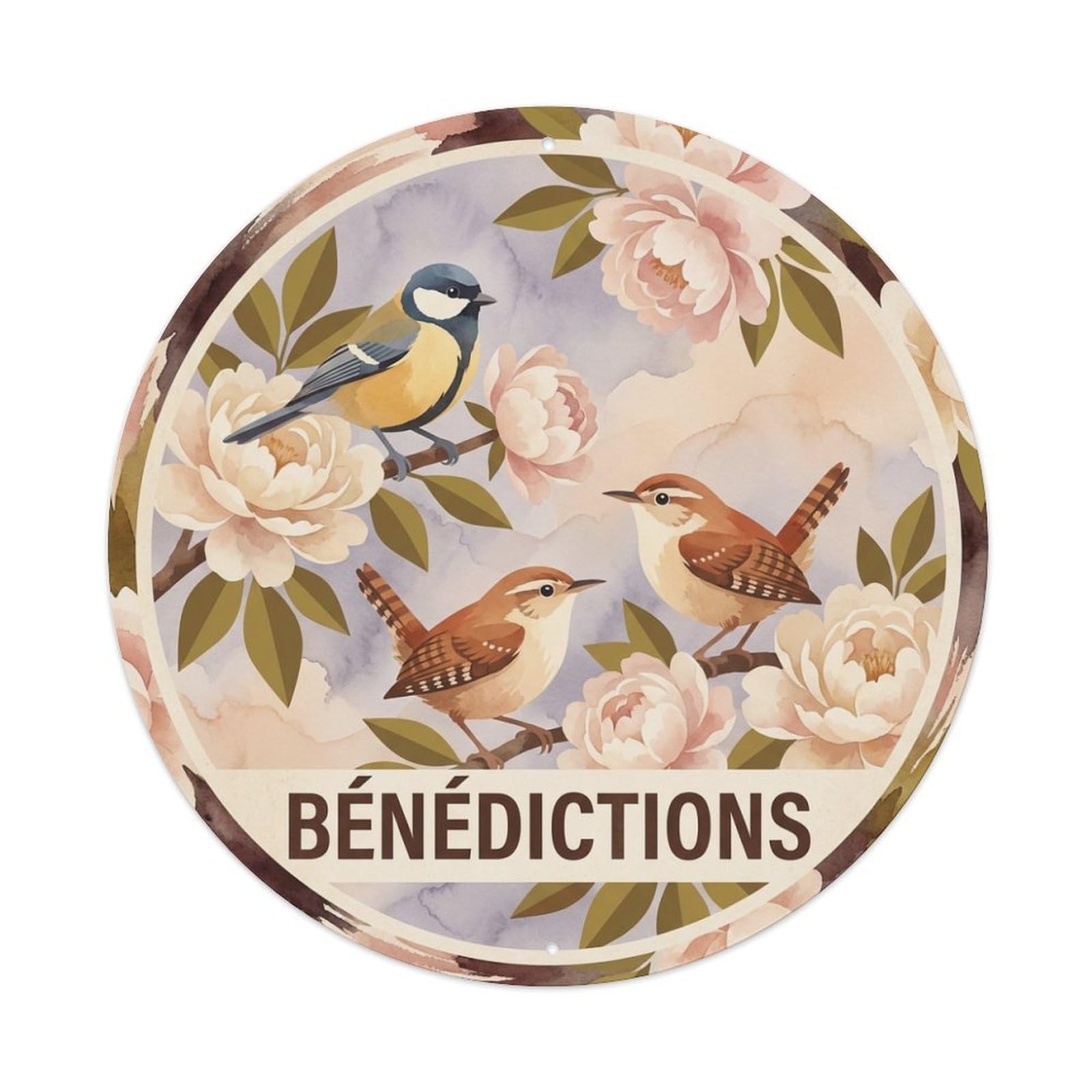 Watercolor Bird Slogan Benedictions Peony Metal Tin Sign