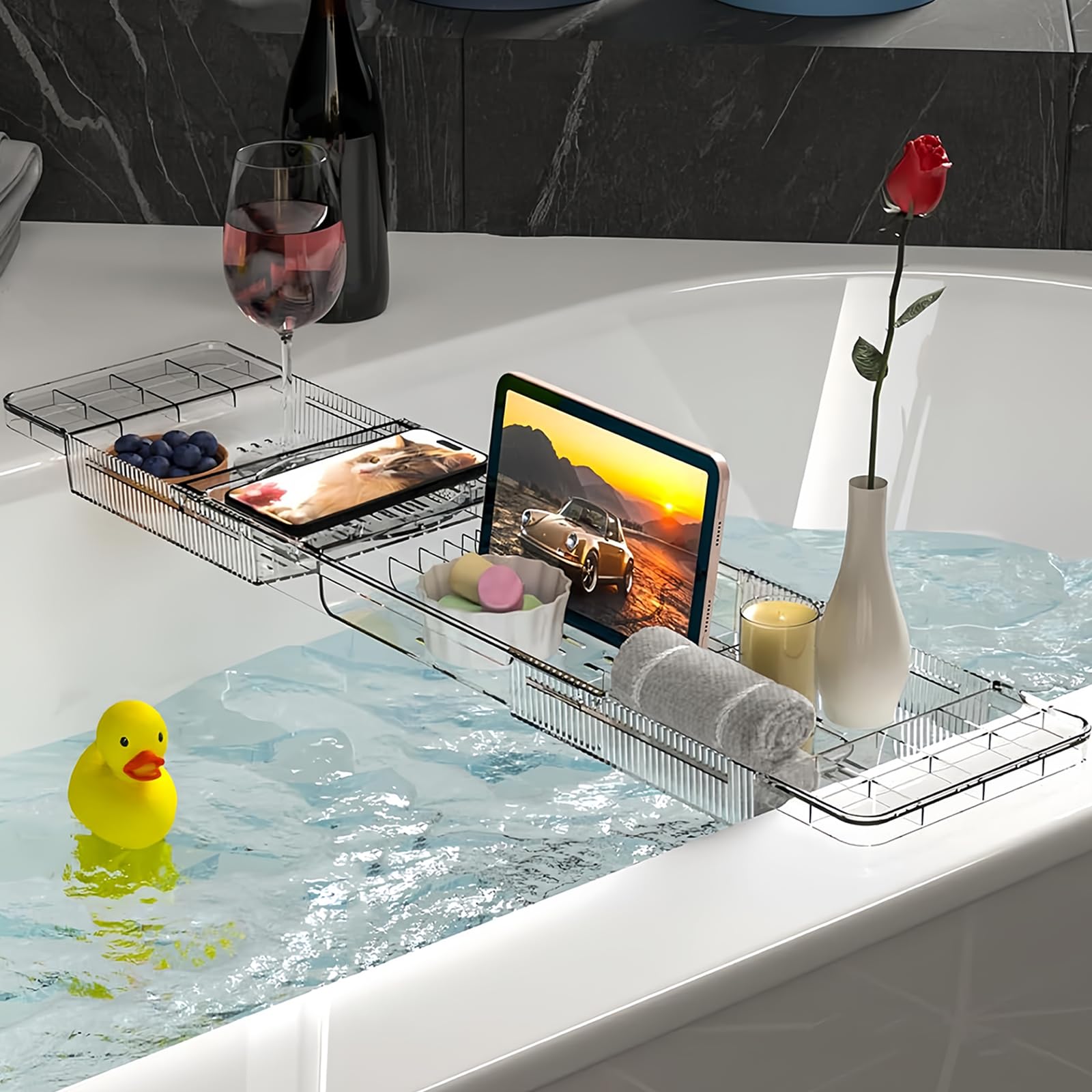 Bandeja para bañera de plástico, bandeja de bañera, tabla de bañera ajustable, estantes para la mayoría de tamaños de bañera, accesorios de baño espacio para toallas, copas de vino y libros