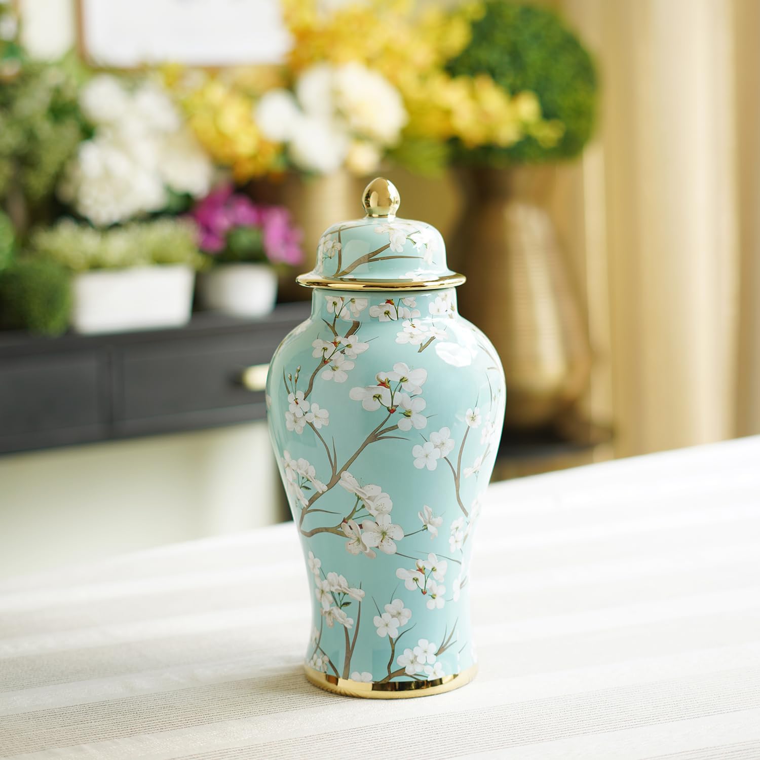 Pure Home + Living Blue and White Floral Print Ceramic Urn with Lid - Small