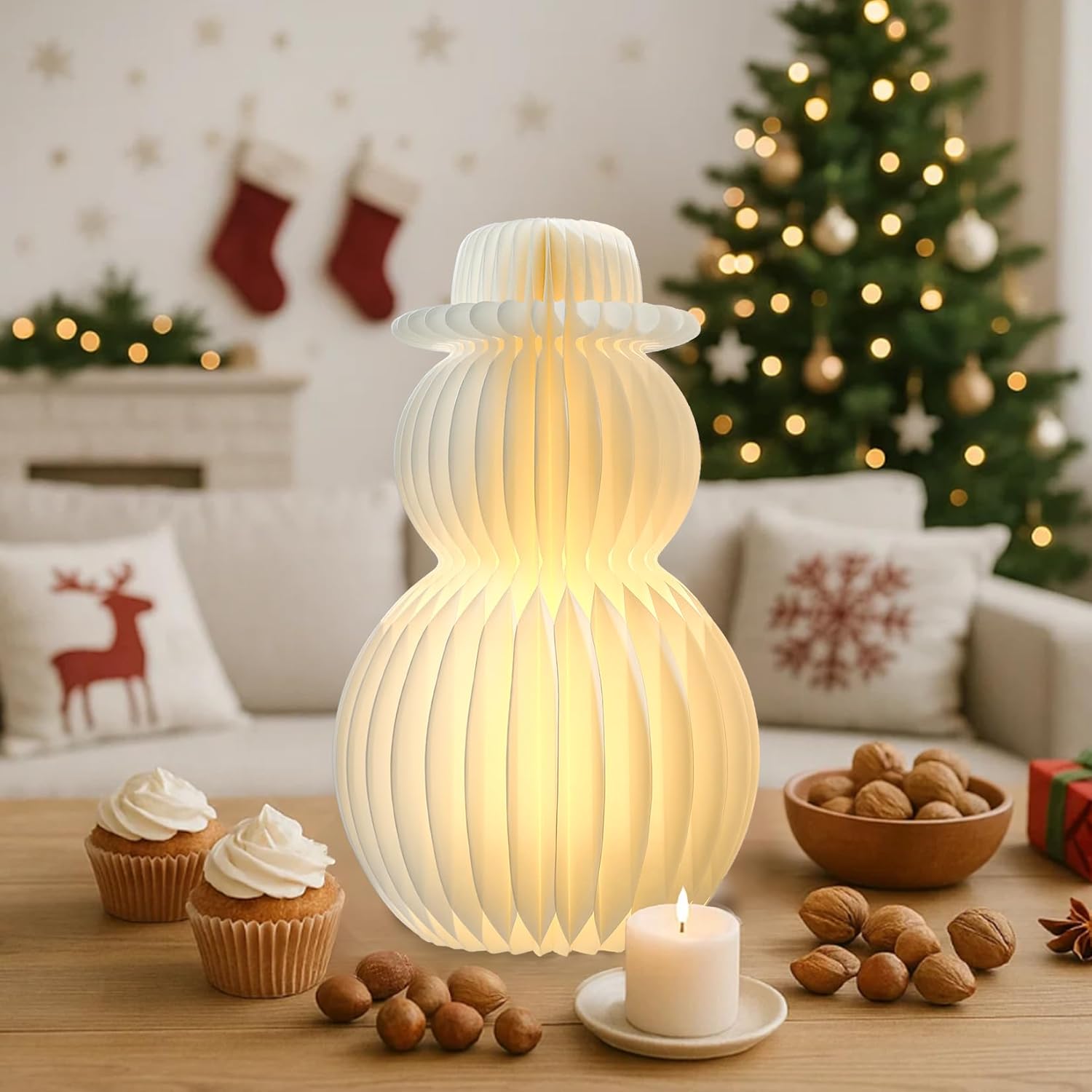 19.7in Light Up Honeycomb Paper Christmas Snowman, Indoor Christmas Decorations and Holiday Centerpieces for December Holiday Season Home Office and Xmas Party Supplies