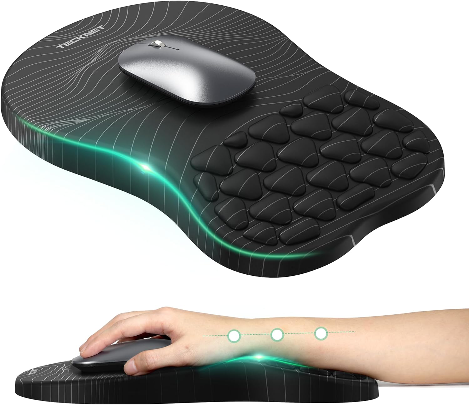 TECKNET Ergonomic Mouse Pad with Wrist Rest, Soft Mousepad with Massage Design, Memory Foam and Non-Slip PU Base for Pain Relief, Gaming Mouse Pad for Desk, Home, Office, 12x8 Inches, Black White