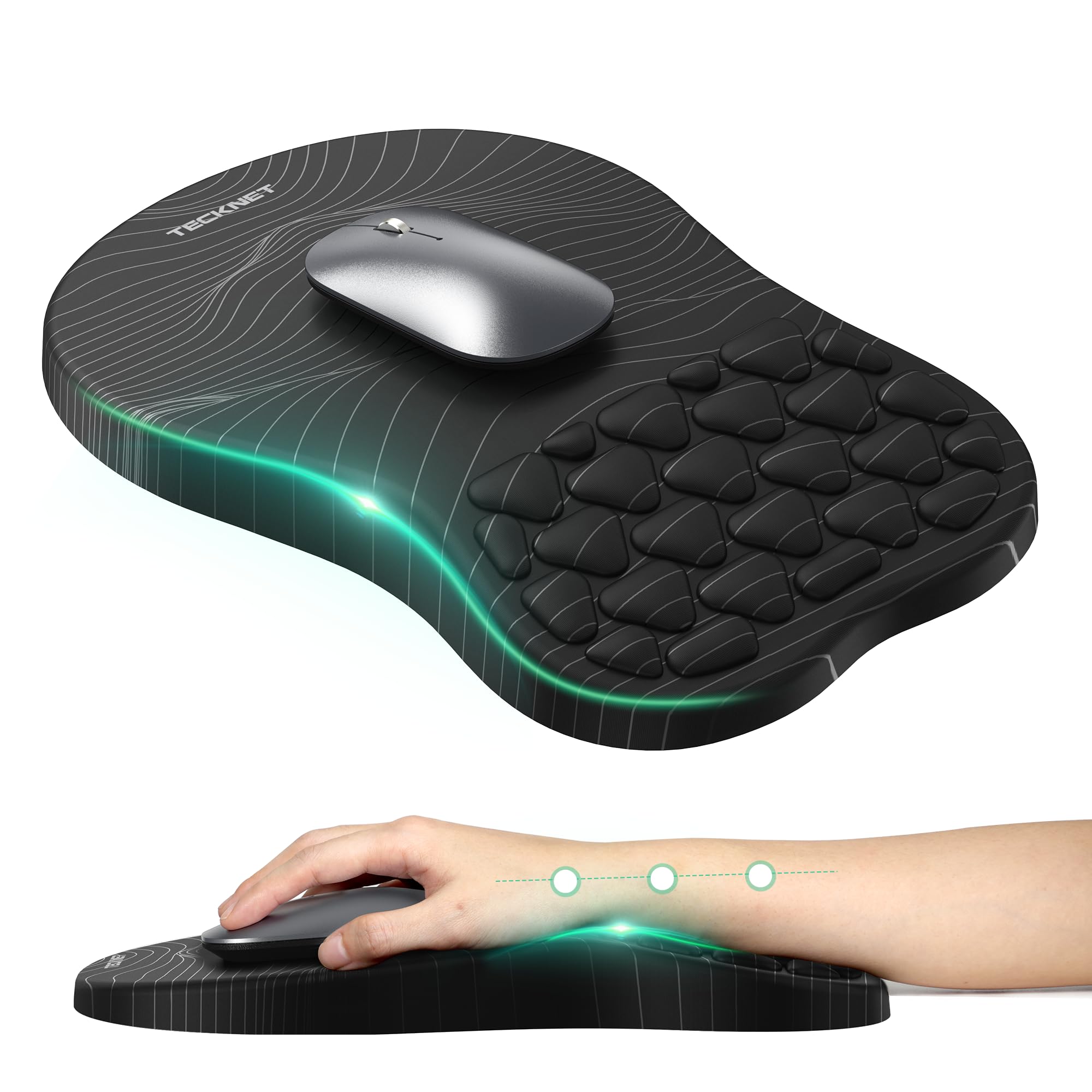 TECKNET Ergonomisches Mauspad, Memory-Schaum Mousepad mit Handauflage & Weiches Massagedesign zur Schmerzlinderung, Gaming Mauspad mit Gelkissen, Rutschfester PU-Basis, für Büro, Home, Laptop, PC
