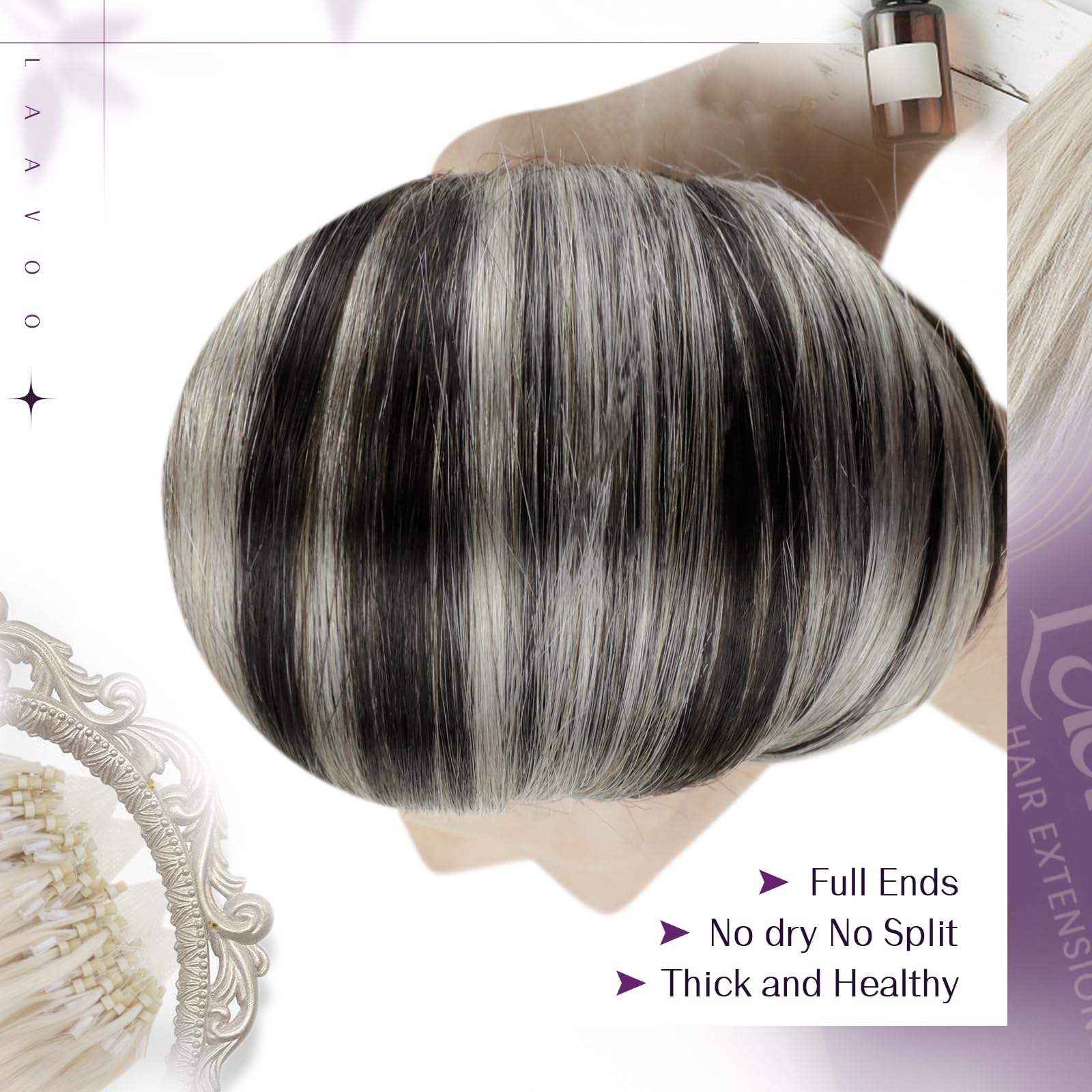 LaaVoo Micro Ring Hair Extensions Real Human Hair Black Remy Straight Balayage Natural Black & Silver Invisible Micro Beads Hair Extensions 50g 50s 18 Inch #1b/s/1b - Image 4