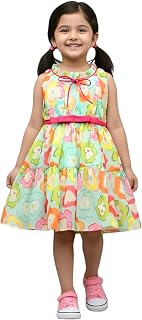 SHAHUDI DESIGNER Girls Floral Print Sleeveless Ruffeled Dress with Pink Belt, Multicolor Price In India