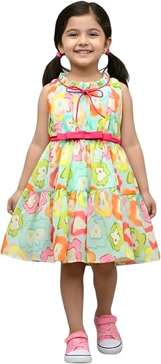 SHAHUDI DESIGNER Girls Floral Print Sleeveless Ruffeled Dress with Pink Belt, Multicolor