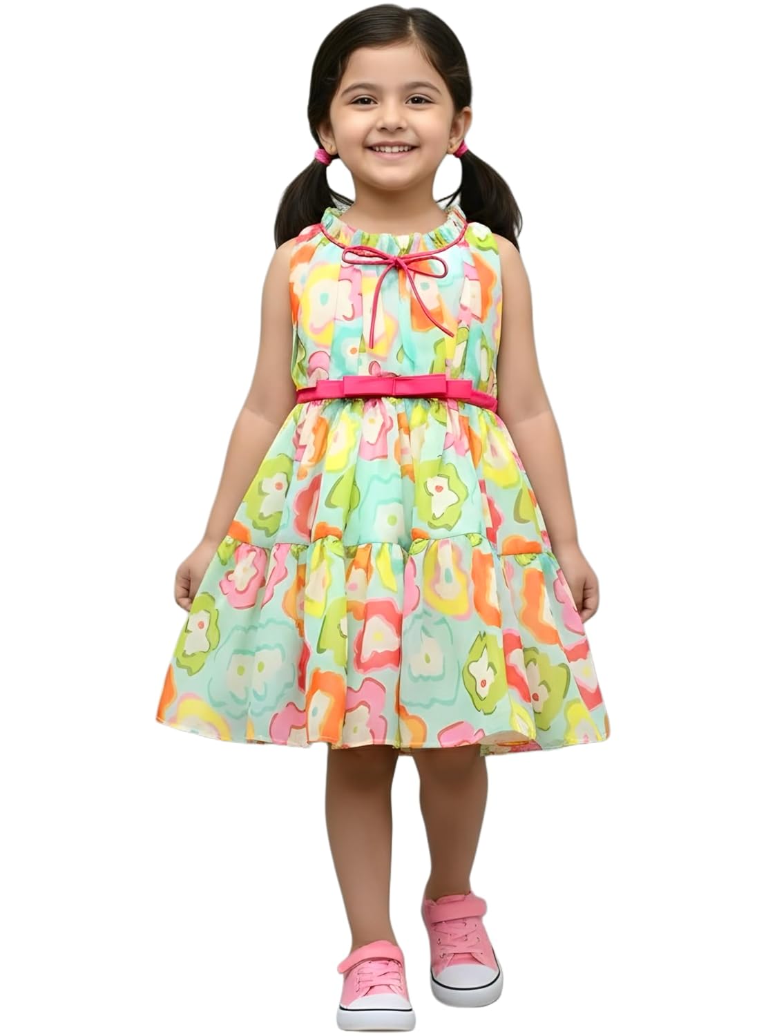SHAHUDI DESIGNER Girls Floral Print Sleeveless Ruffeled Dress with Pink Belt, Multicolor - Review, Price and Buying Guide