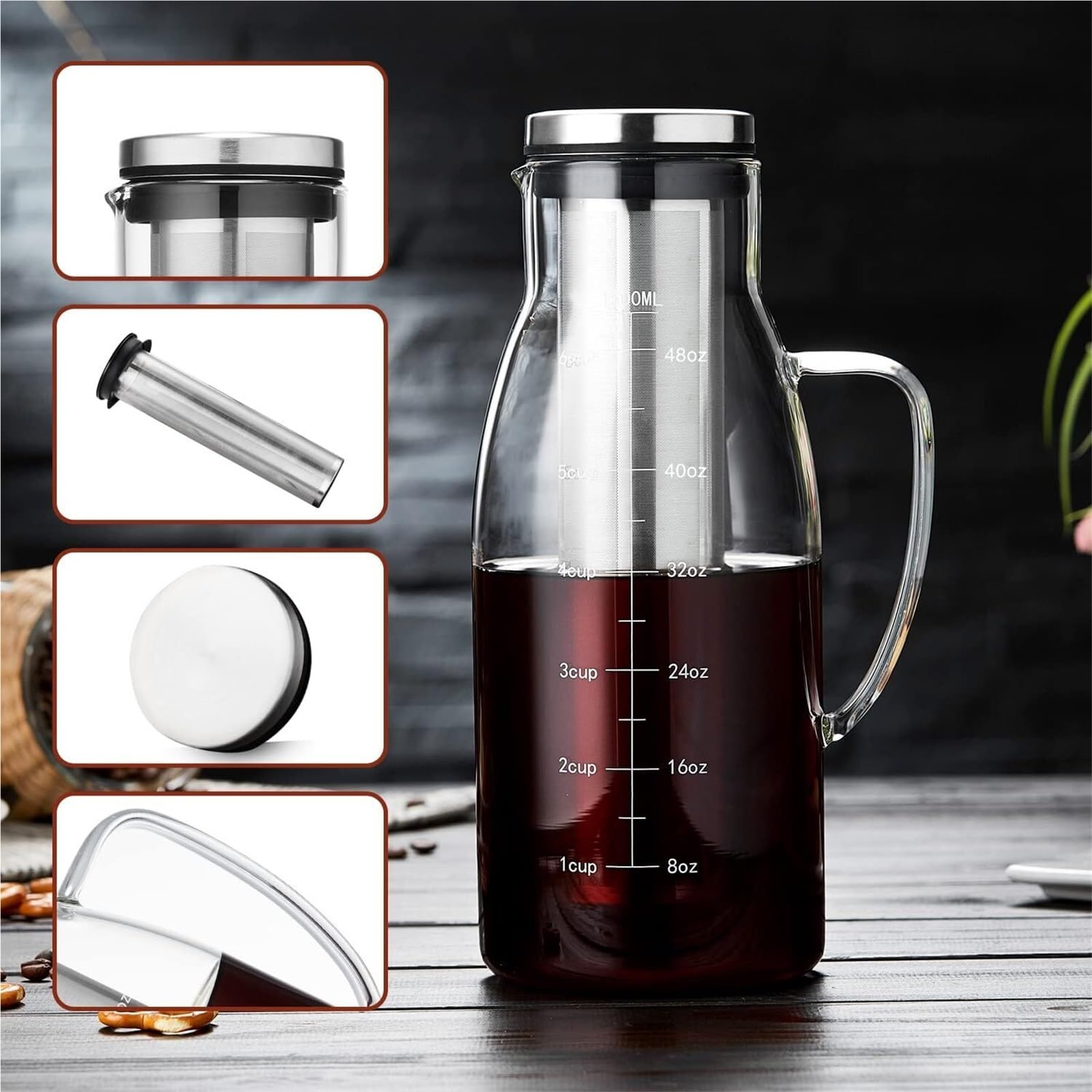 Cold Brew Kaffeekanne 1,5 L Cold Brew Kaffee- Und Teezubereiter Mit Abnehmbarem Edelstahlfilter Und Deckel for Kaffee, Eistee, Fruchtgetränke, Limonade, Kaffeekanne für kaltgebrühten Kaffee