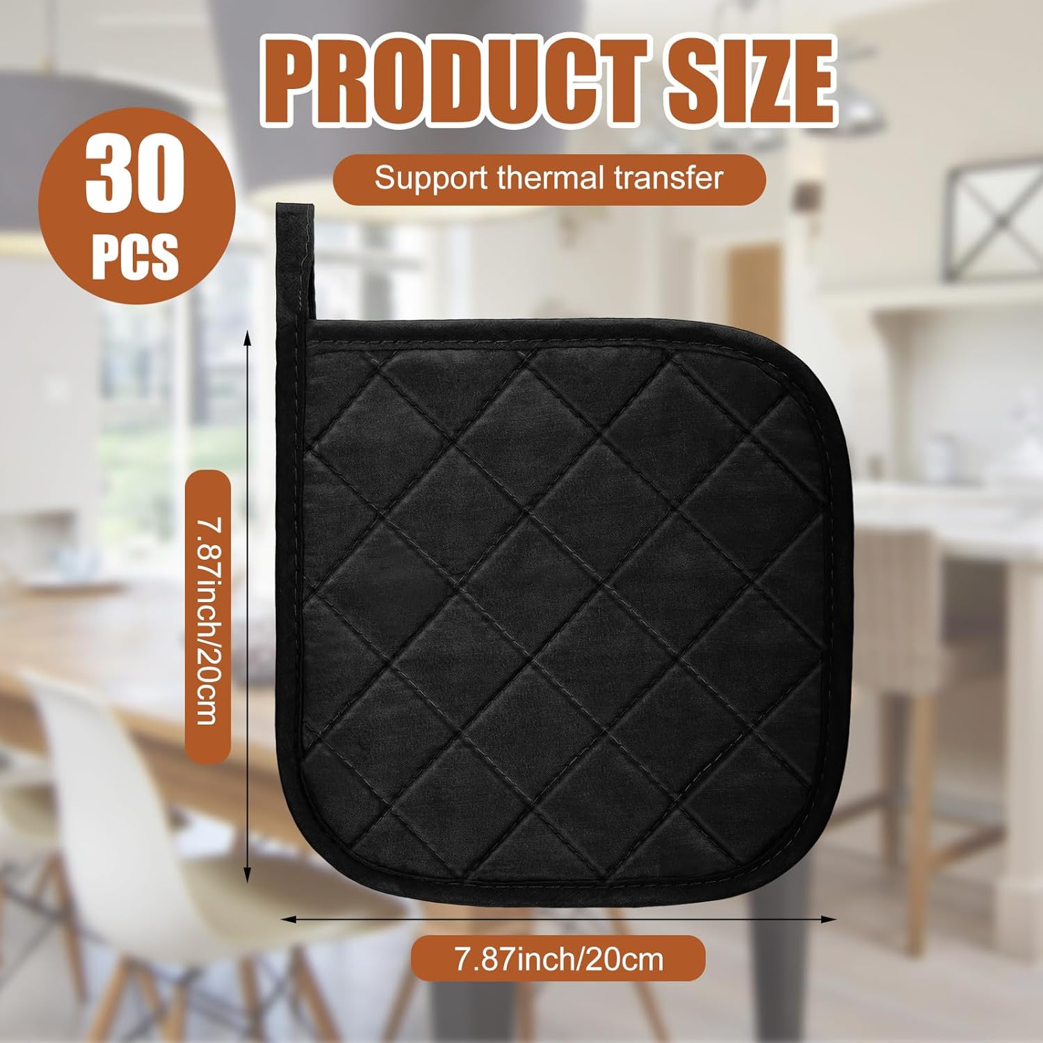 Uiifan 30 Pieces Cotton Pot Holders for Kitchen Washable Heat Resistant Potholders Oven Hot Pads for Cooking and Baking, 7.87 x 7.87 x 0.2 Inch (Black)
