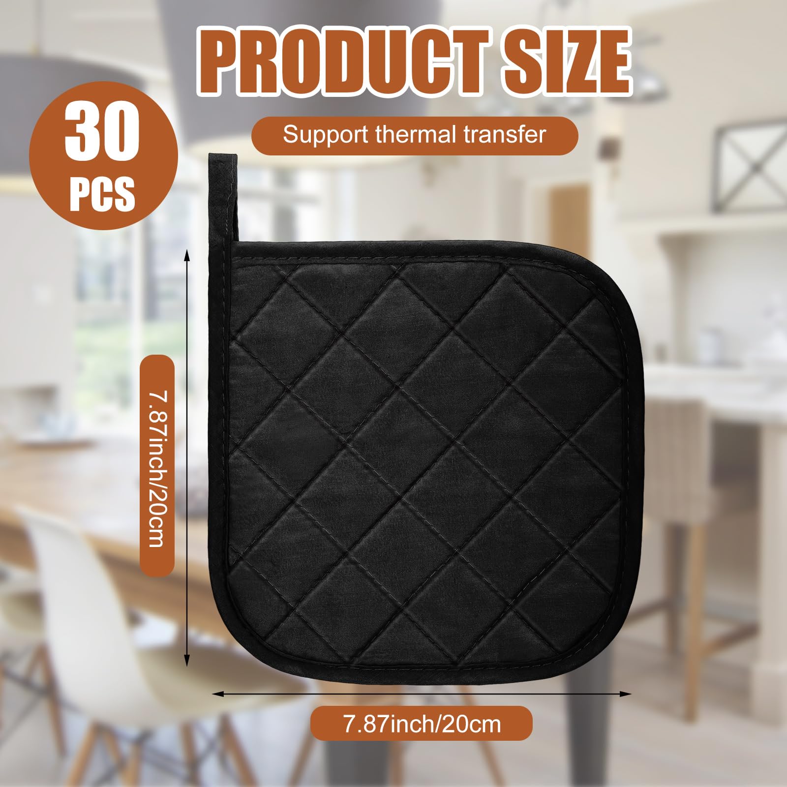 Uiifan Topflappen aus Baumwolle für die Küche, waschbar, hitzebeständig, für den Ofen zum Kochen und Backen, 20 x 20 x 0,5 cm, Schwarz, 30 Stück