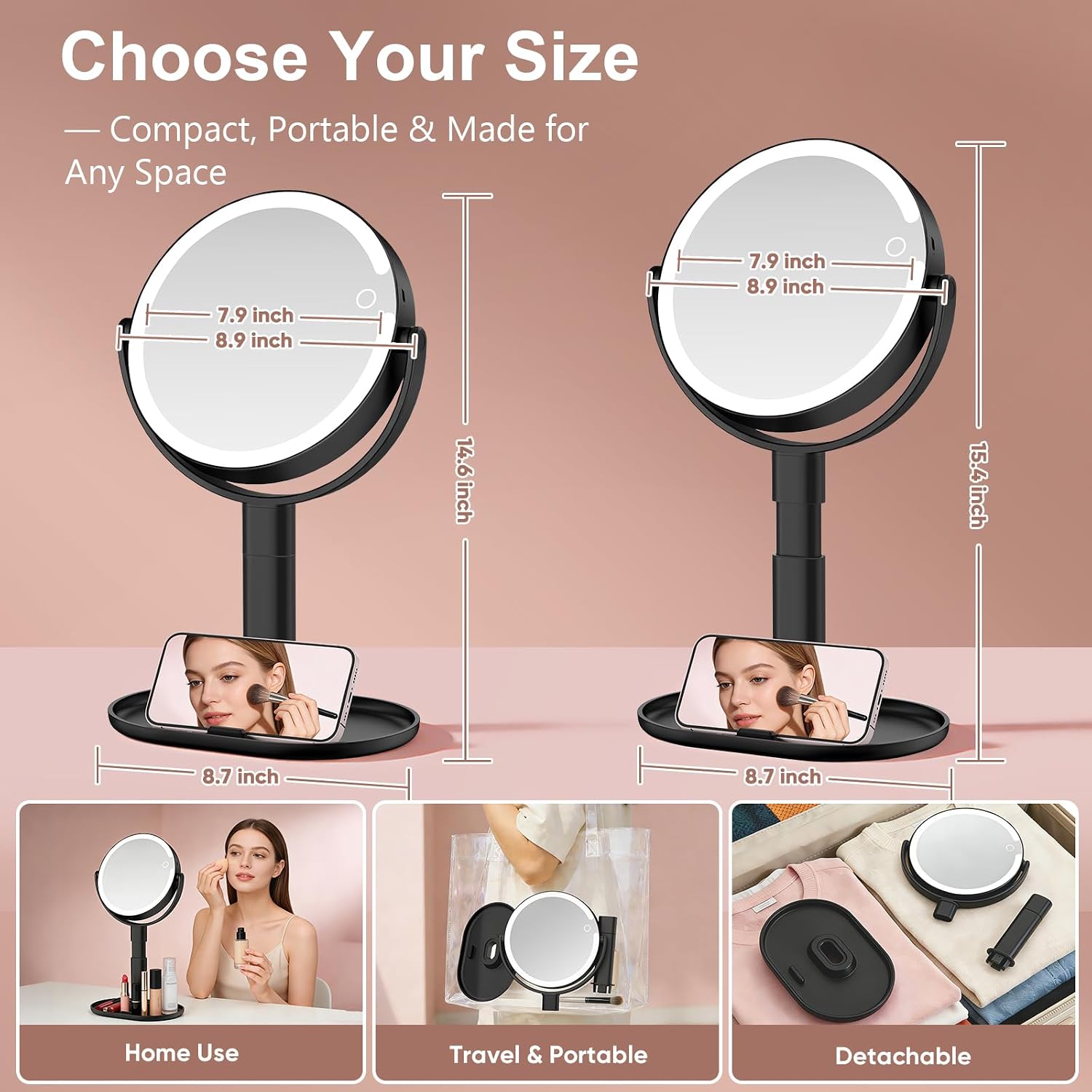 Rechargeable Lighted Makeup Mirror,10X Magnification, 8 Inch