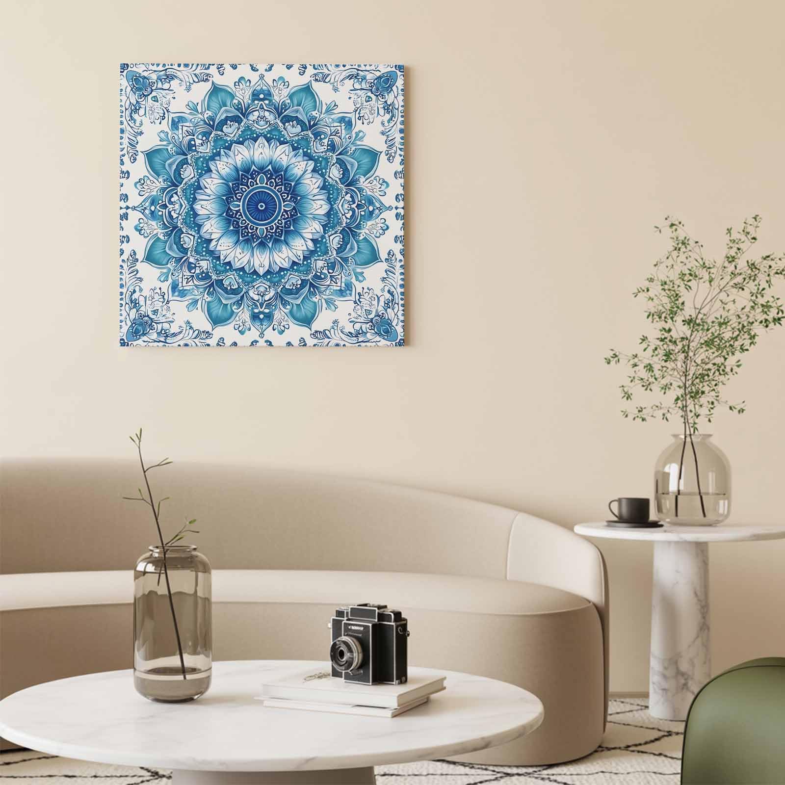 Blue Bohemian Flower Canvas Wall Art Moroccan Ethnic Print Artwork Prints for Living Room Bathroom Decor, 8" x 8"