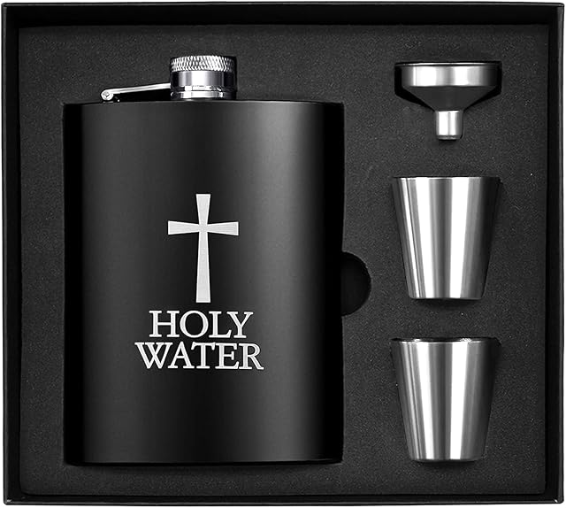 Hip Flask Set, Wieat 8oz Engraved Holy Water Stainless Steel Whisky Hip Flask Gift Box, Groomsmen/Usher Gifts for Wedding, Hip Flasks Gift for Men and Women (with 1xFunnel, 2xCups)