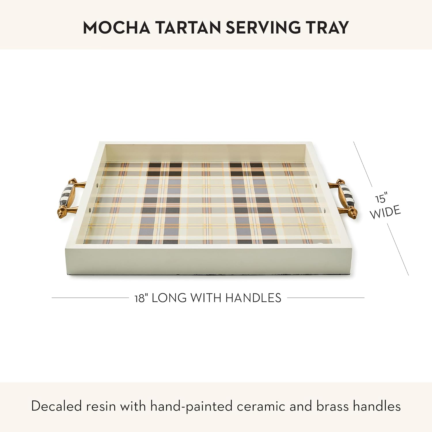 MACKENZIE-CHILDS Resin Serving Tray with Handles, Decorative Food Tray for Entertaining, Brown-and-White Mocha Tartan