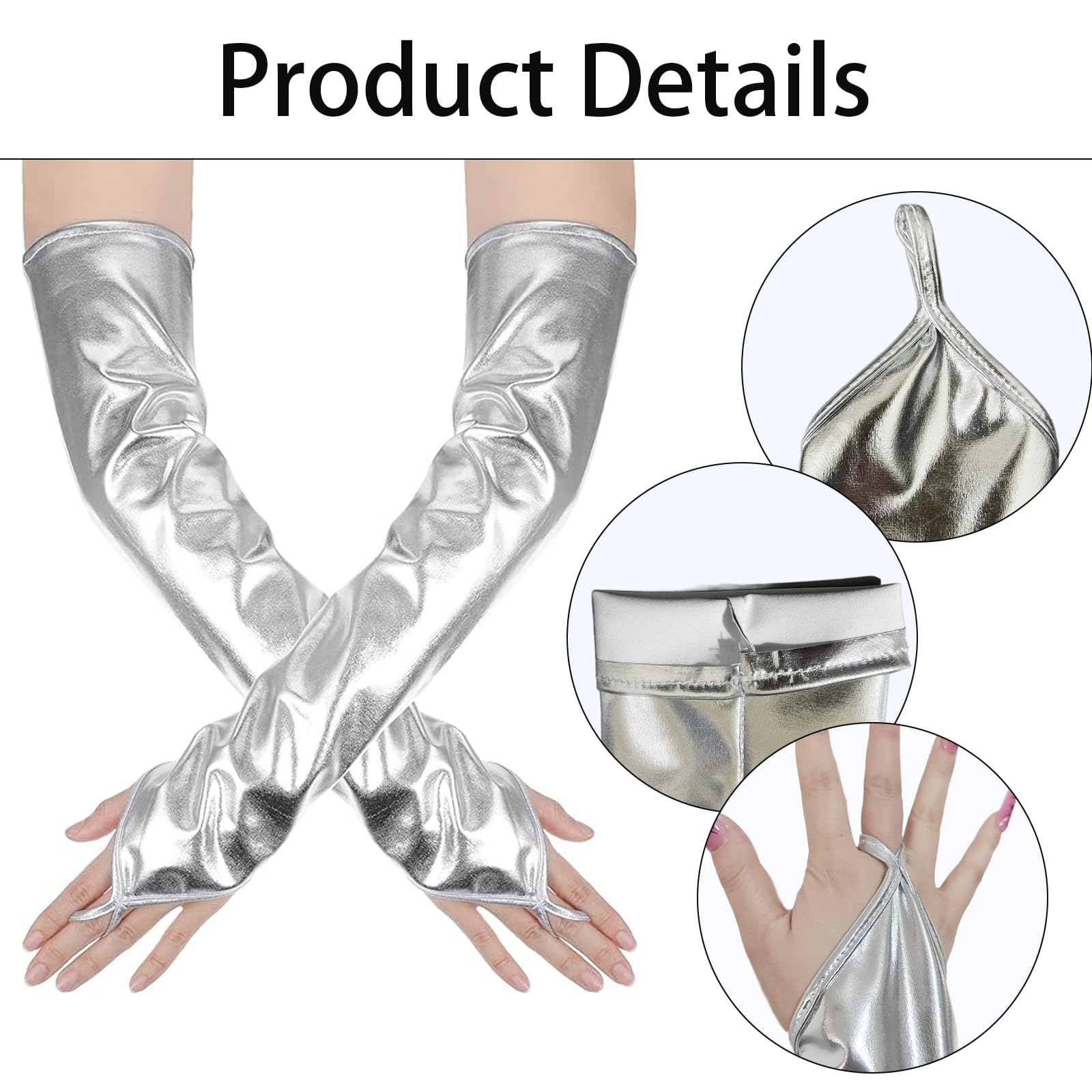 GWAWG Silver Metallic Gloves,Long Fingerless Metallic fingerless Patent Leather Shiny Elbow Length Gloves,Evening Opera Party Costume For Stage Cosplay Night Club - Image 3