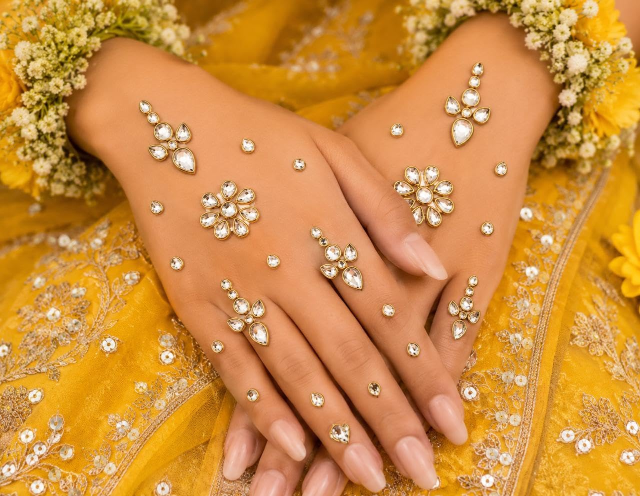 Gold Glitter Mehndi Hand Sticker with Stones | Bridal Hand Decoration | Waterproof Temporary Tattoo for Weddings-Festivals (M)-image-39