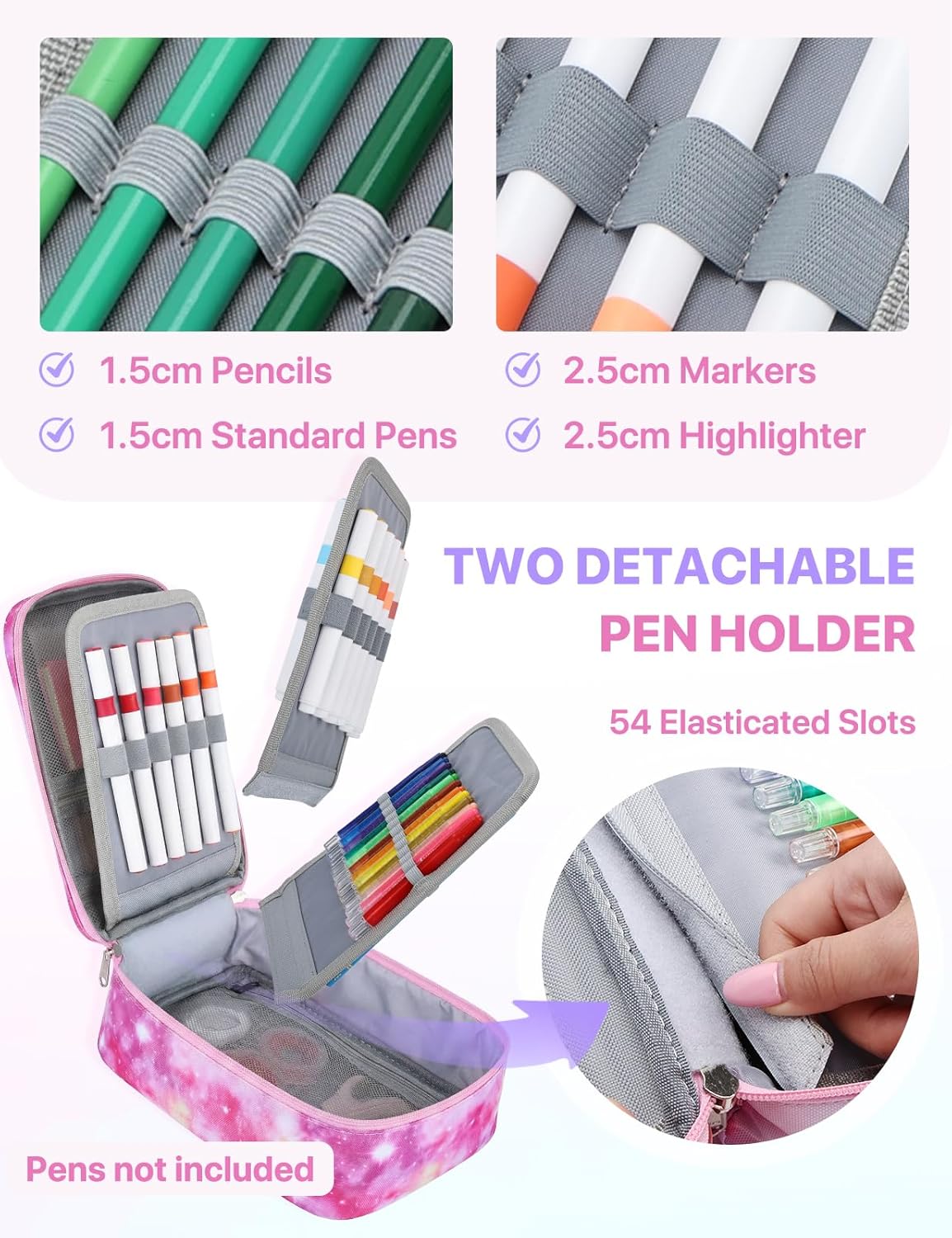 Kasqo Large Pencil Case, Marker Pencils Pouch Bag Holder Polyester Stationery Storage Multiple Compartment Top Handle for Middle High School Office College Student Girl Women Adult Teens,Pink Galaxy