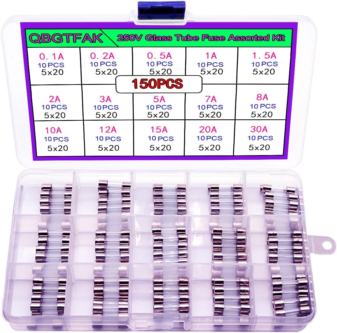 15 Values 150pcs Quick Blow Glass Tube Fuse Assorted Kit 5x20mm 250V 0.1A, 0.2A, 0.5A, 1A, 1.5A, 2A, 3A, 5A, 7A, 8A, 10A, 12A, 15A, 20A, 30A (5x20mm)