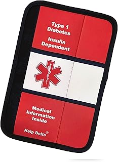Type 1 Diabetes Insulin Dependent Awareness Medical Alert Seatbelt Cover for Kids and Adults (9”) with Emergency Information Form and Pocket by Help Belts. Red/White