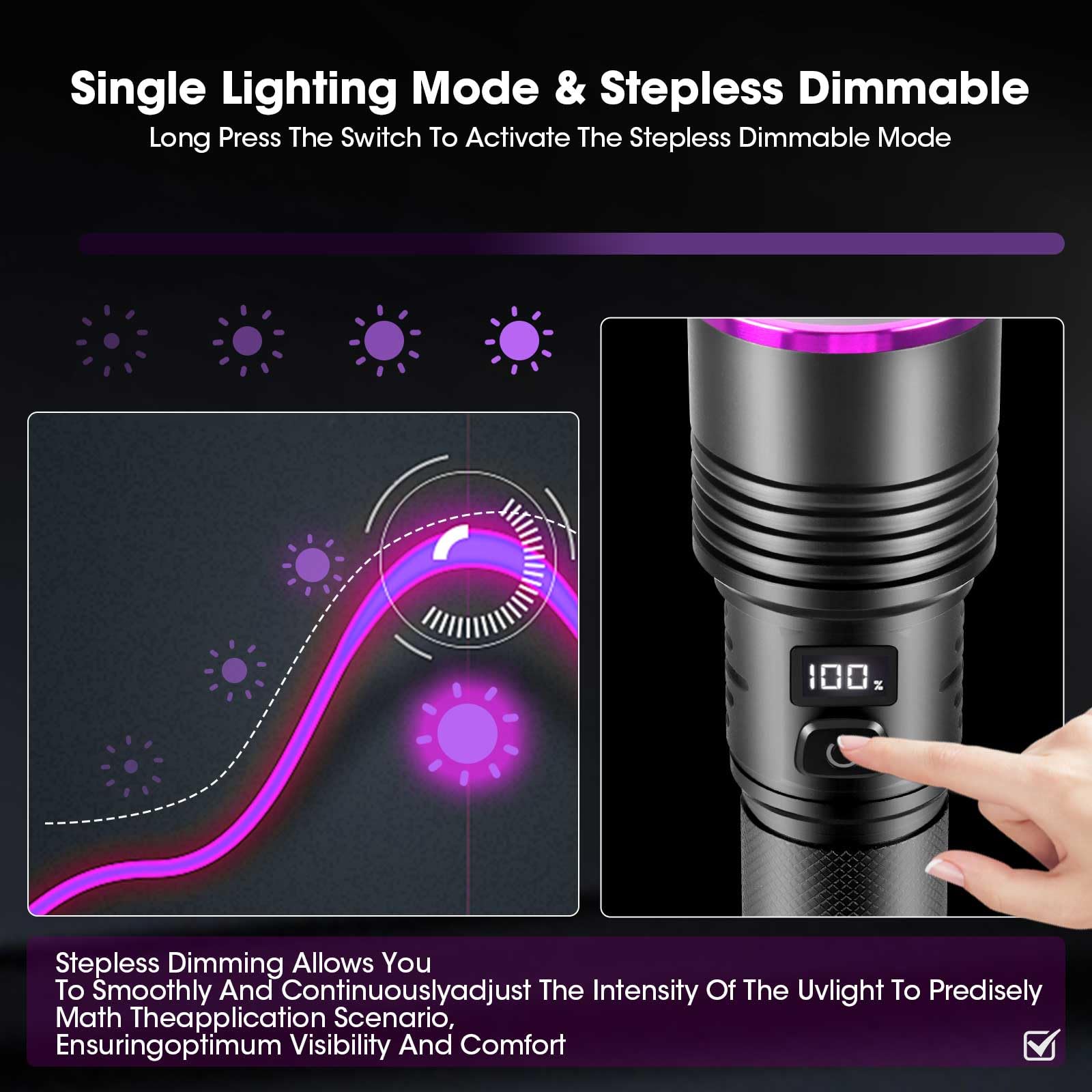 Linterna UV de 20 W, 365 nm de luz negra, linterna con USB recargable, lámpara de luz UV de 7000 mAh para detección de orina de mascotas, búsqueda de ámbar, escorpión, resina, vidrio de