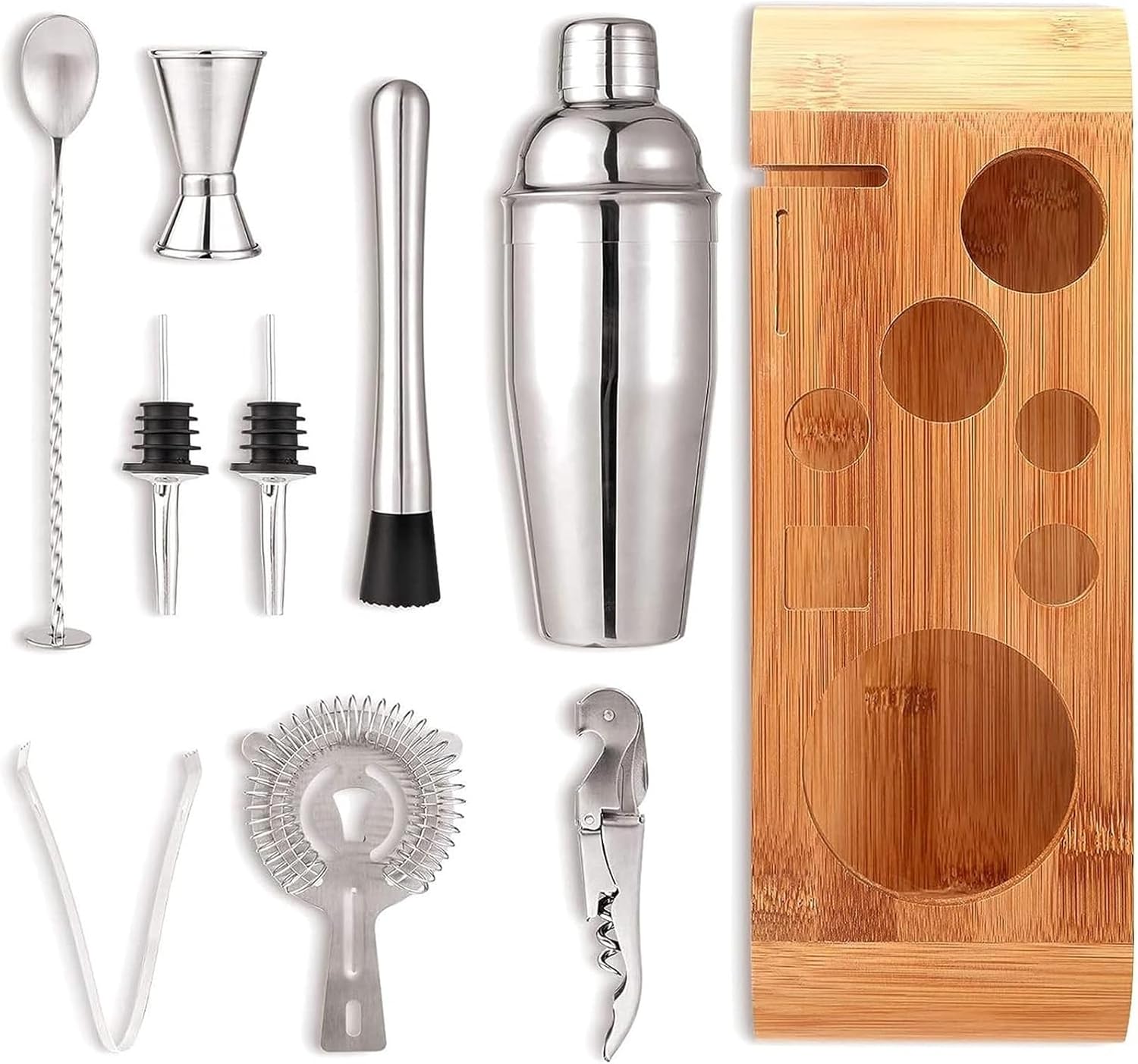 SOYON Cocktail Shaker Premium Bartender Kit - Bartender Kit with Wooden Stand,10 Piece Bar Tools Set Cocktail Kit, Stainless Steel Cocktail Shaker Set (Size : 550ml)