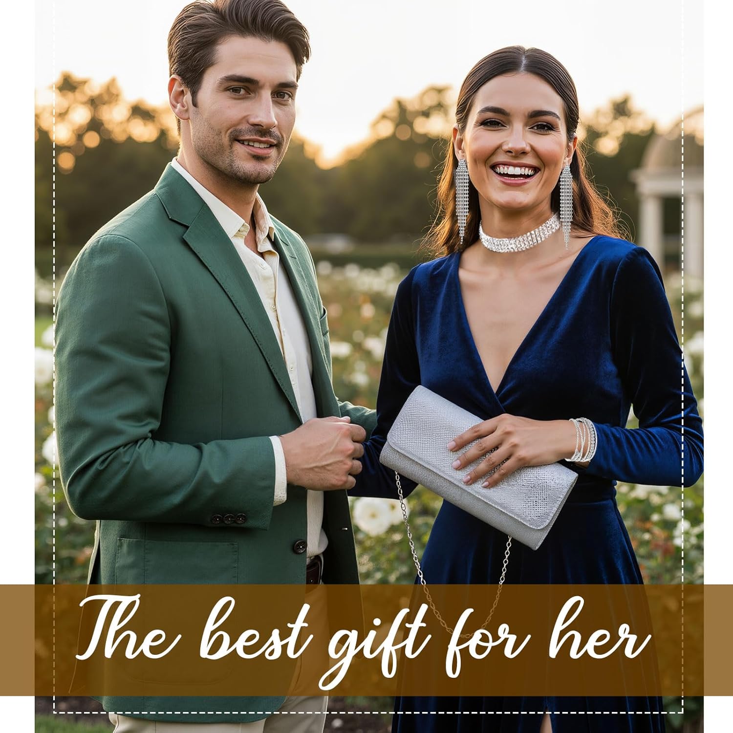 Shinymoon 4 Pcs Silver Rhinestone Jewelry Set for Women Bling Glitter Clutch Purse Triple Row Necklace Dangle Earrings Cuff Bracelet Sparkling Jewelry Accessories for Bride Wedding Evening Party - Image 6