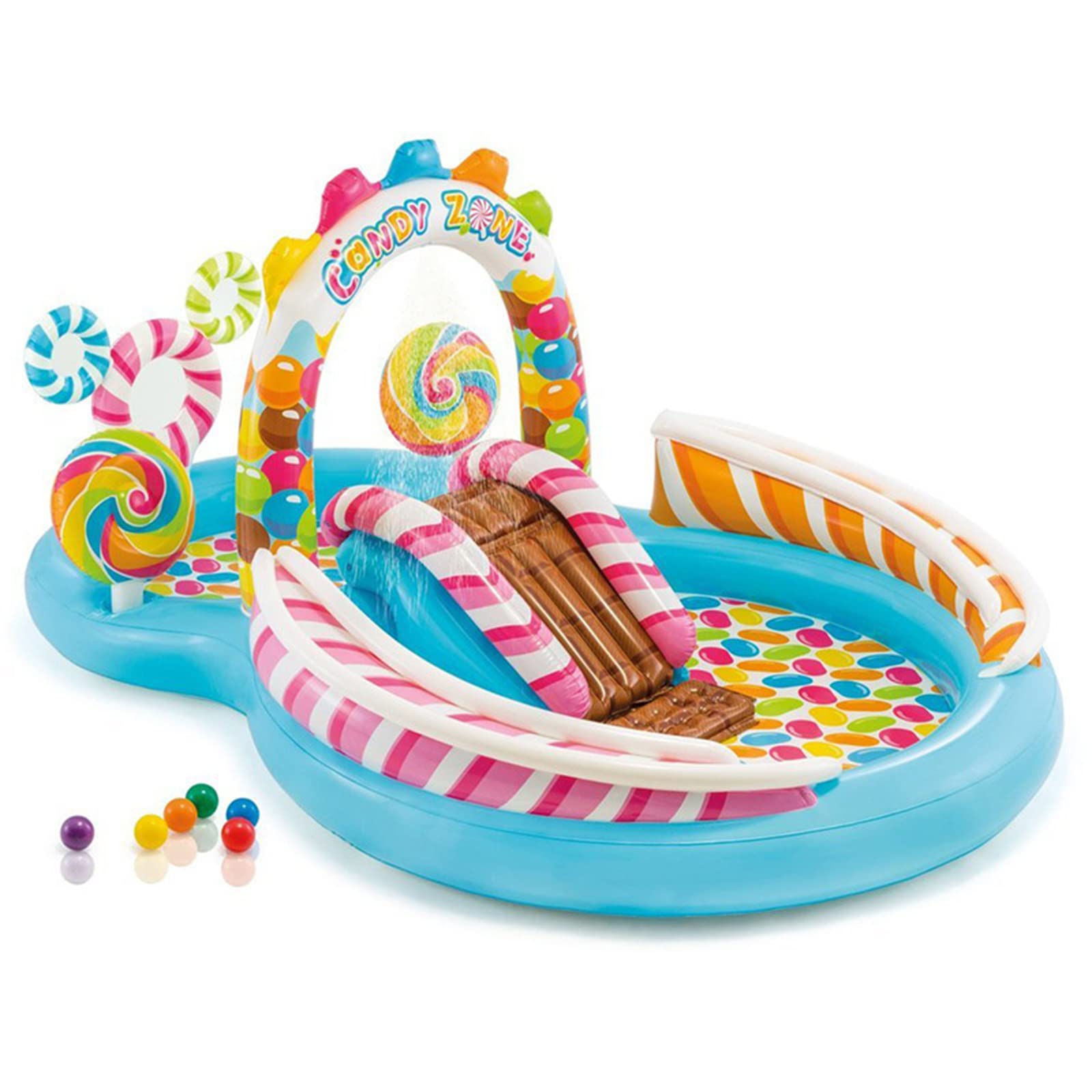 Candy Inflatable Play Center, Full-Sized Kiddie Pool with Slide, Fountain Arch, for Garden, Backyard, Ages 2+, Multicolor