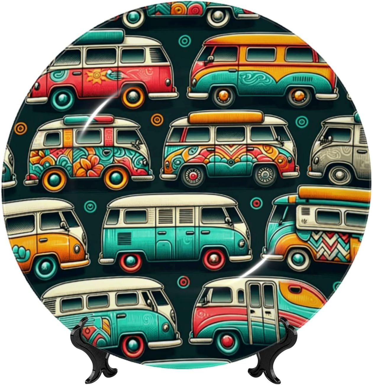 Colorful-Bus-Camper 10 Inch Decorative Plate With Stand, Elegant Display Wall Plate For Home Decor