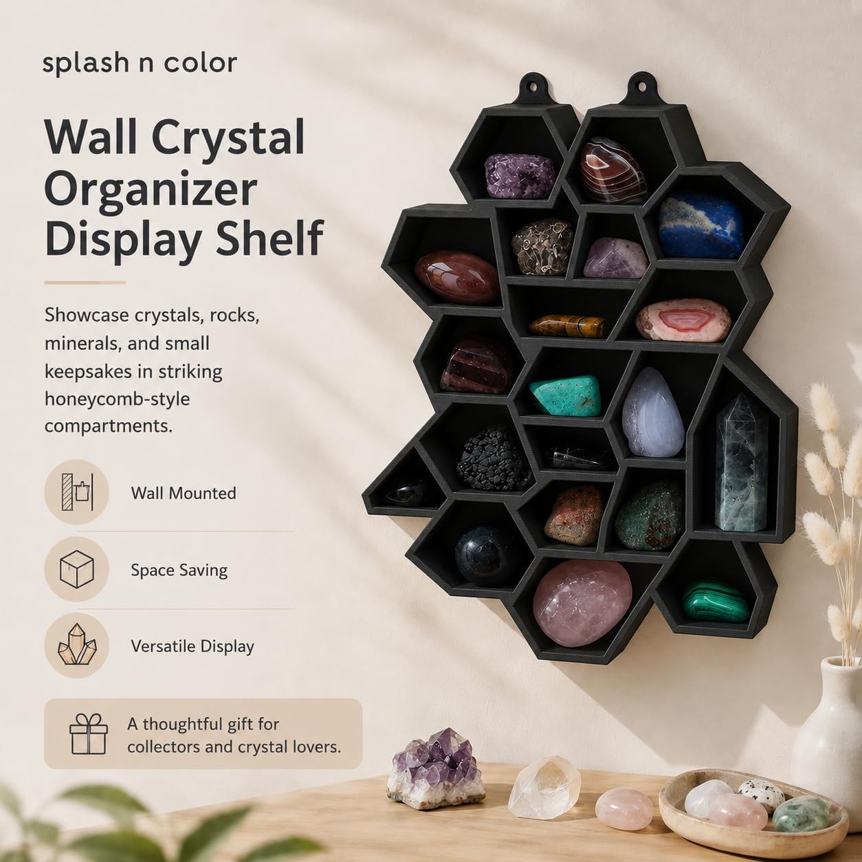 Wall Crystal Organizer – Decorative Stone Display Shelf with Individual Compartments | Freestanding or Wall Mounted Mineral Rock Holder | Multi-Slot Gem Collection