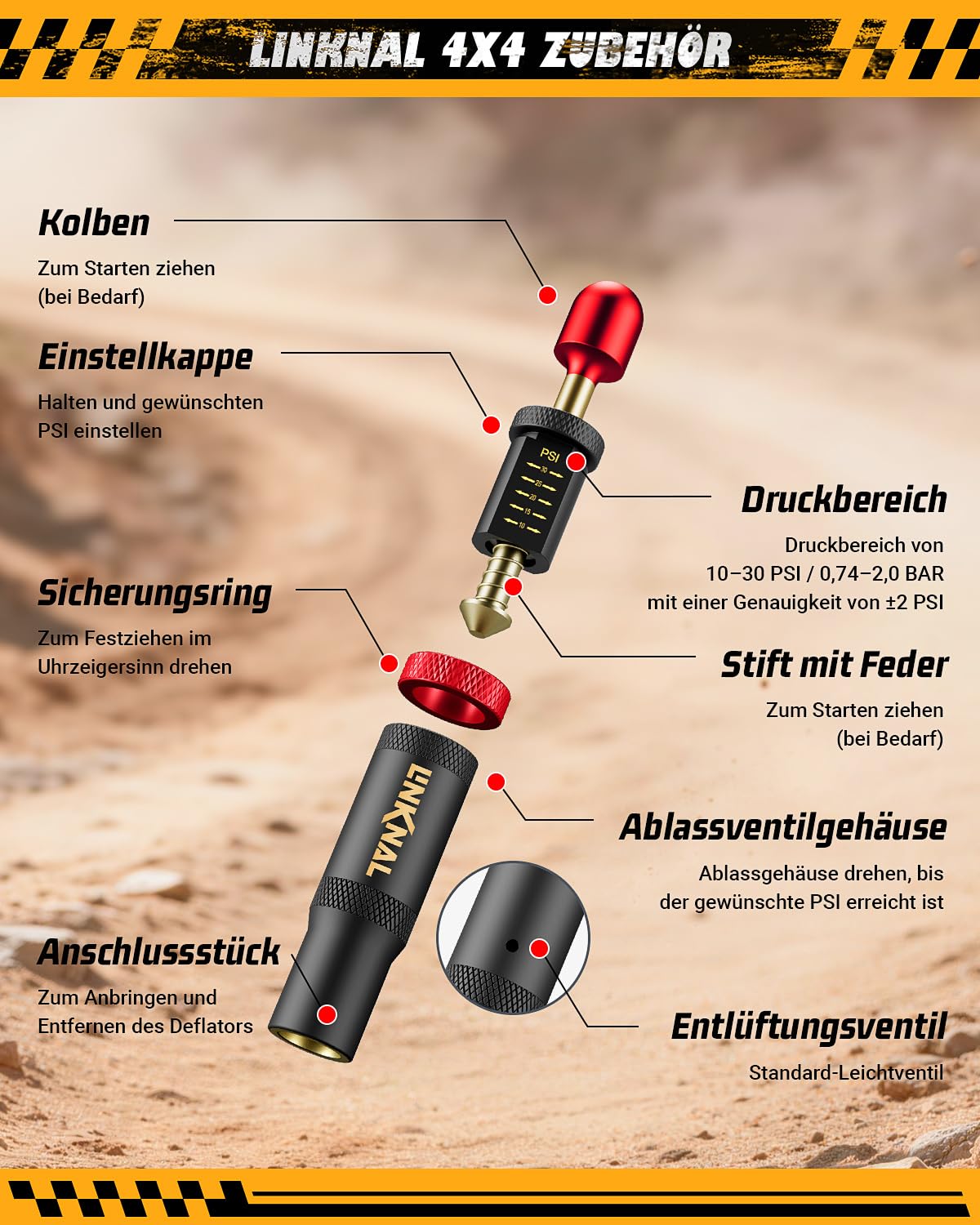 LINKNAL 4 Stück Reifendruck-Ablassventile, Auto-Stop-Reifenablassventil-Set (10–30 psi / 0,7–2 bar) für Offroad 4x4, Jeep, LKW, SUV – mit Aufbewahrungstasche und 5 Ventilkappen, Rot
