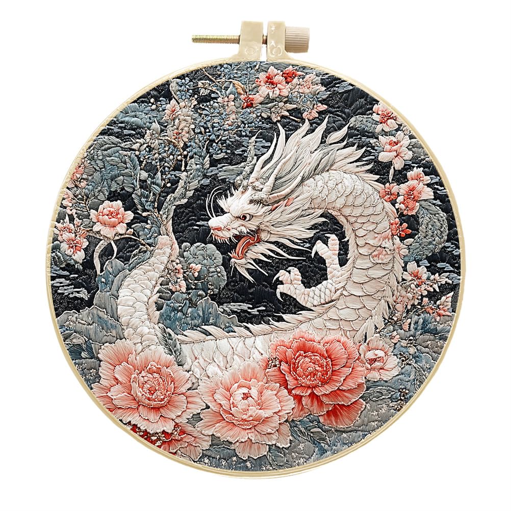 Meecaa Embroidery Kit Starter Set, Dragon Animal Flower Peony Hand Embroidery Set, Pattern Printed Cross Stitch Set for Beginner Adults, with Embroidery Hoop and Instructions (Dragon 1)