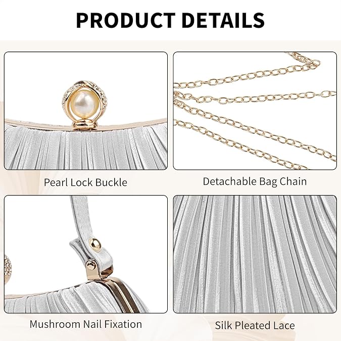 Women Mini Pleated Seashell Evening Clutch Handbag,Clutch Bag,Pearl Clutch,With Chain Strap