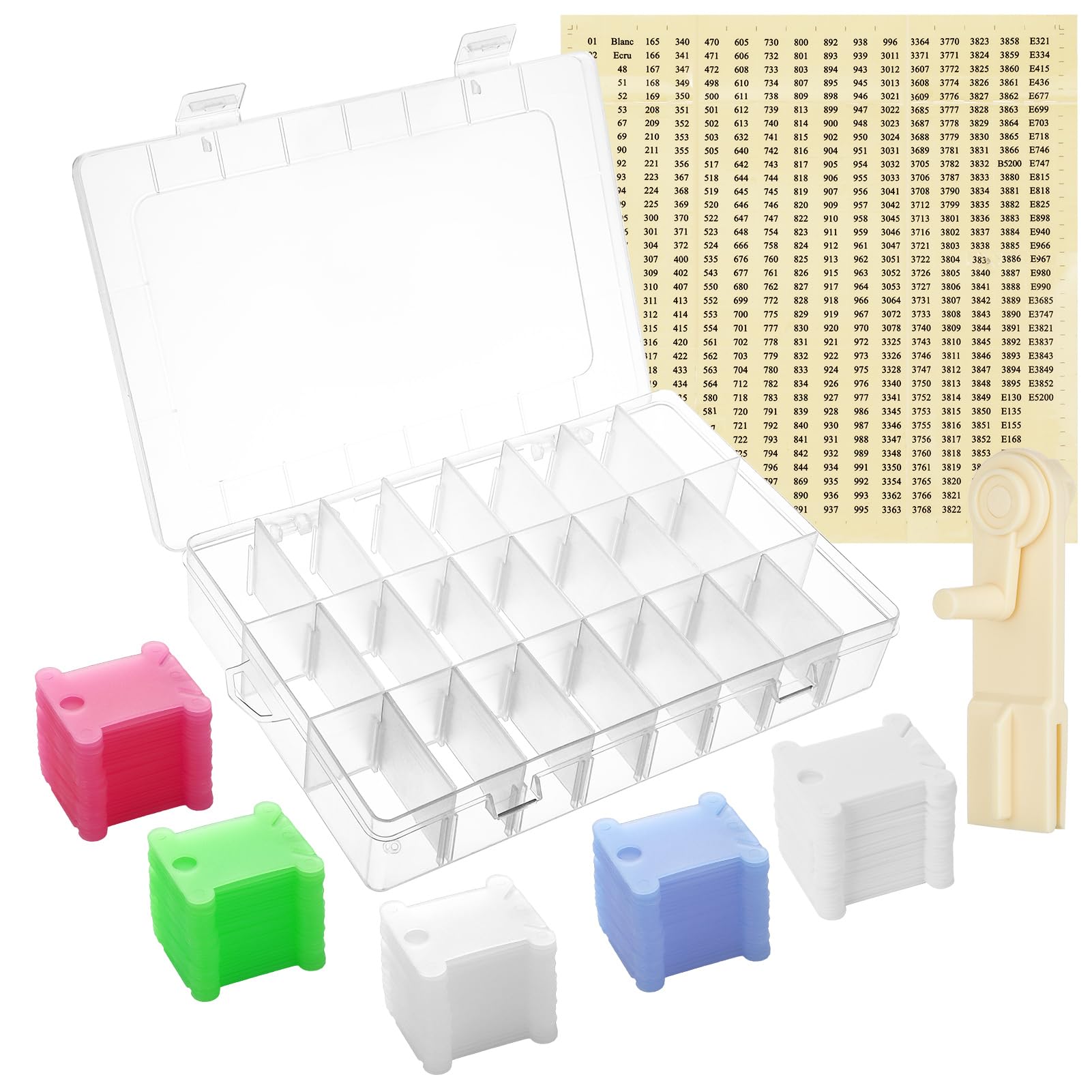 Opopark Set Organizer Per Ricamo 153 Pezzi - Scatola Portafili Con 24 Scomparti, Bobine In Plastica, Adesivi Numerati E Avvolgitore - Per Punto Croce E Cucito Fai Da Te