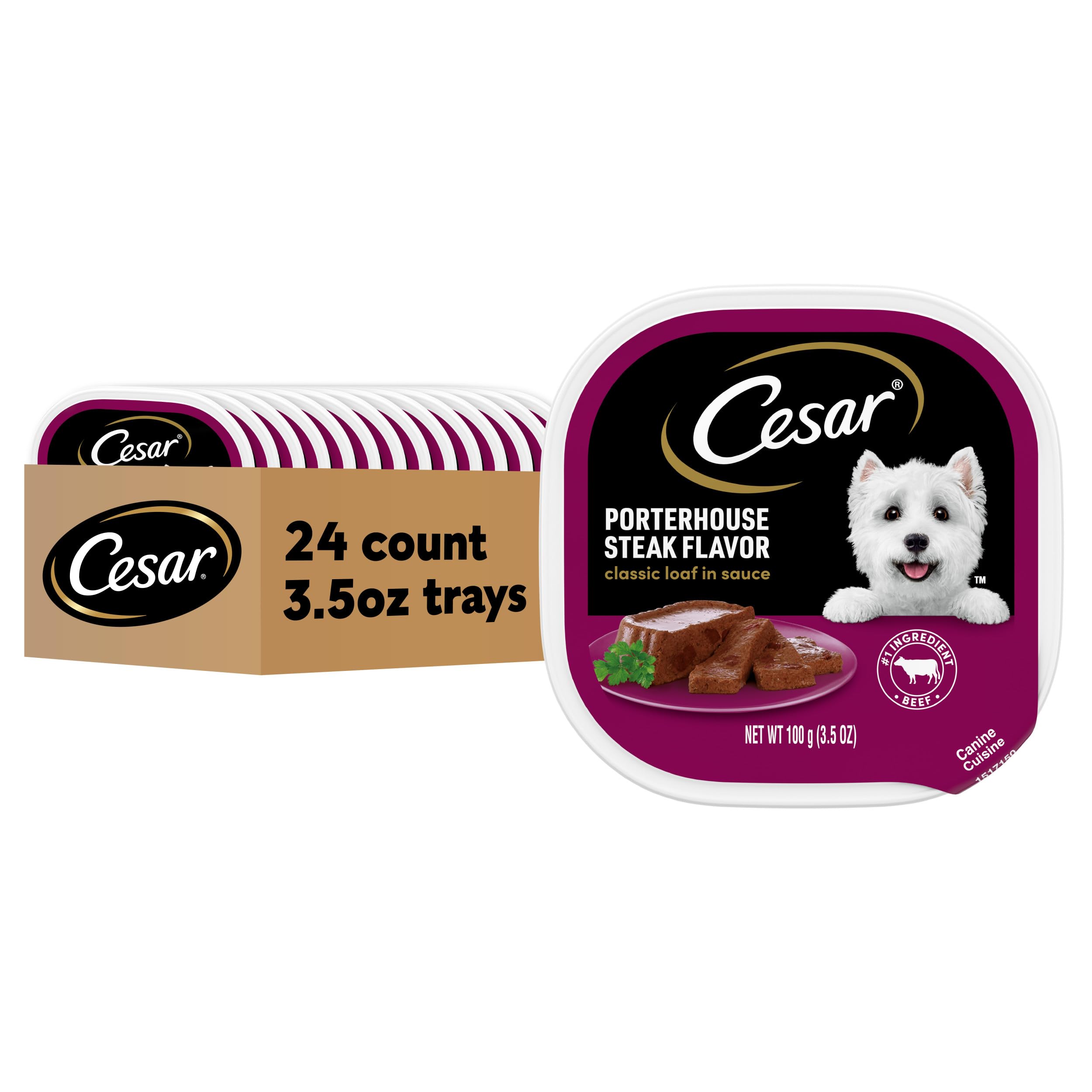 Cesar Classic Loaf in Sauce Adult Wet Dog Food Porterhouse Steak Flavor, Wet Food for Dogs, 3.5 oz Easy Peel Trays, 24 Count