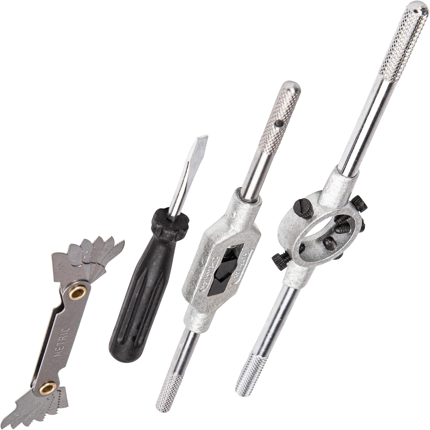 Close-up of the thread gauge, screwdriver, tap wrench, and die stock from the set.