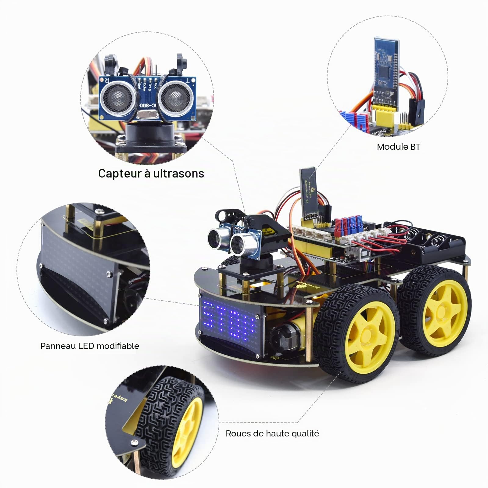 KEYESTUDIO Kit de démarrage de Voiture Robot 4 Roues motrices pour Arduino IDE, télécommande Infrarouge Bluetooth, Suivi de Ligne, prévention des Obstacles, etc. Kit de Programmation robotique