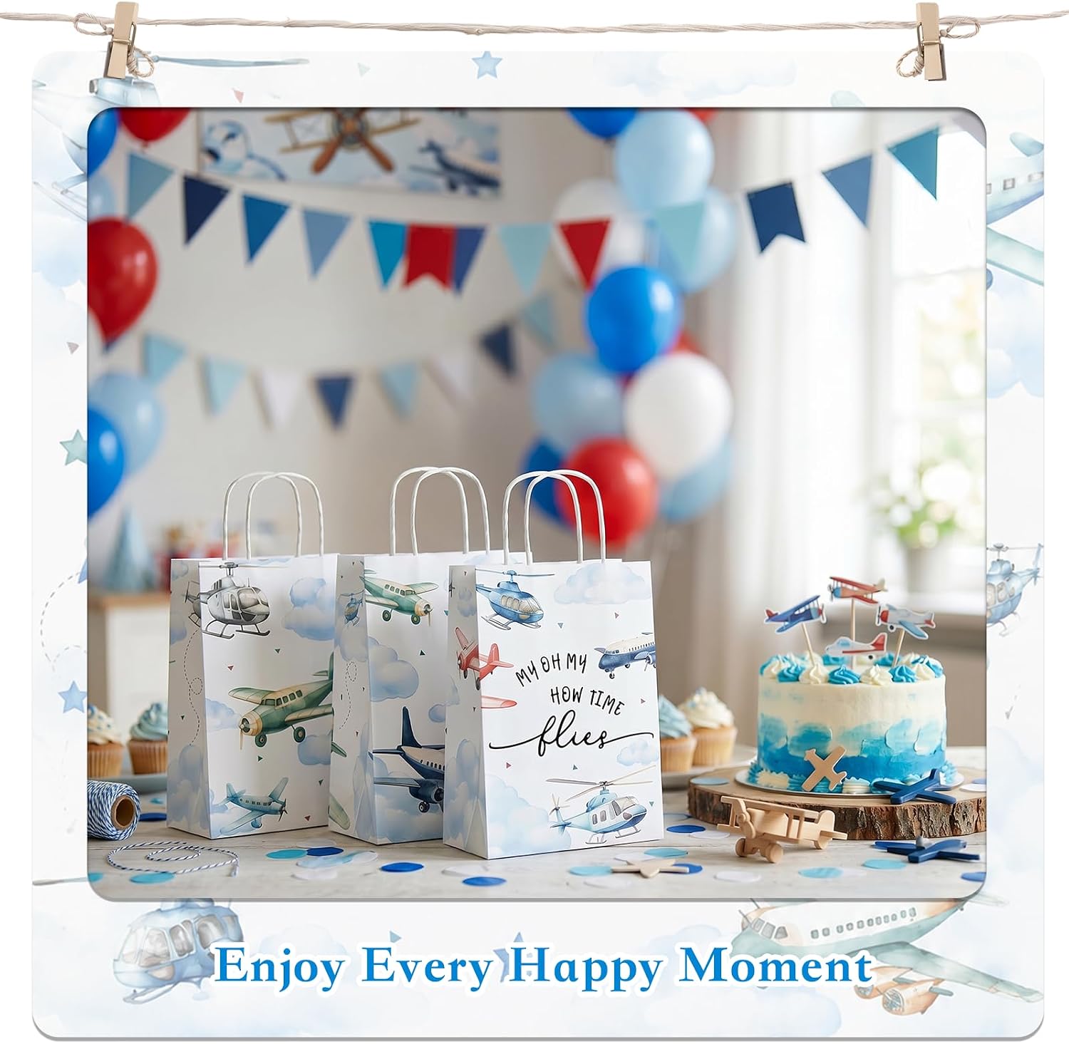 24 Pack Airplane Party Favor Bags, Airplane Gift Bags with Handles, Aviation Goodie Treat Bags for Boys Birthday Party, Time Flies Baby Shower, Plane Theme Party Supplies image 5