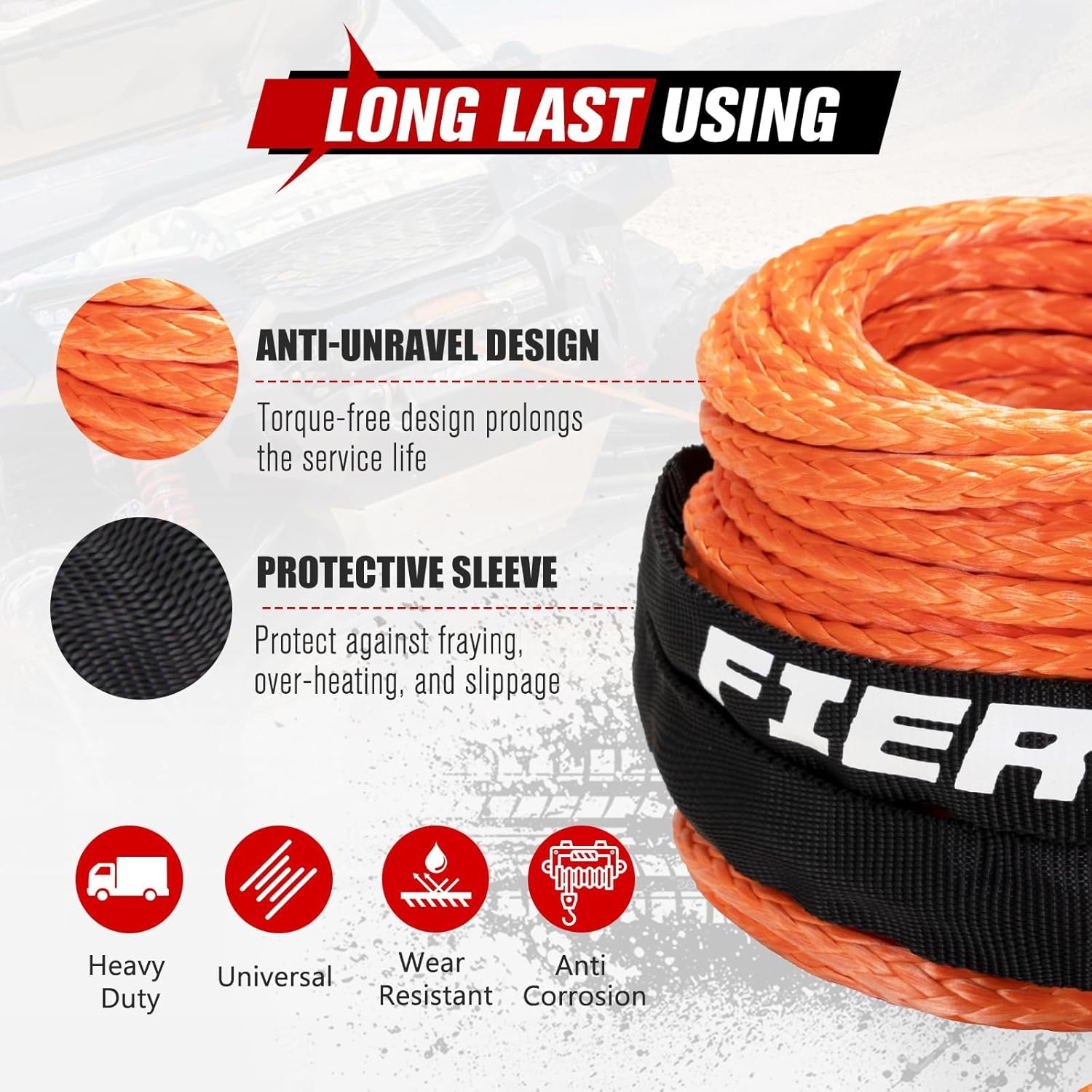 FieryRed 3/16inch 50FT 8500LBS Synthetic Winch Rope Cable Kit with Forged Hook Rubber Stopper and Fairlead, Soft Shackle with Snatch Ring