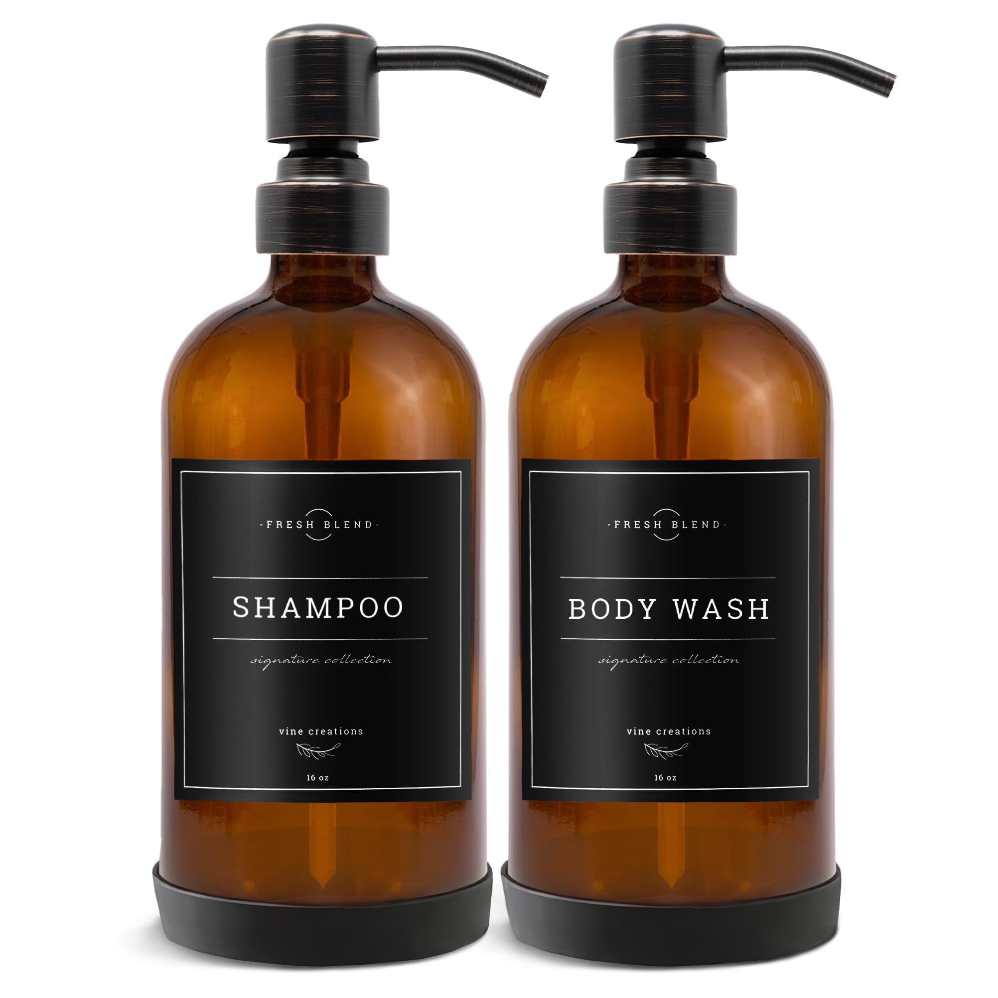 Vine Creations, 2er-Pack Seifenspender-Set für die Küche mit Edelstahlpumpe, Amberglas, 475 ml, Handseifenspender für das Badezimmer, Geschirrseifenspender für die Küche mit Wasserdichten Etiketten