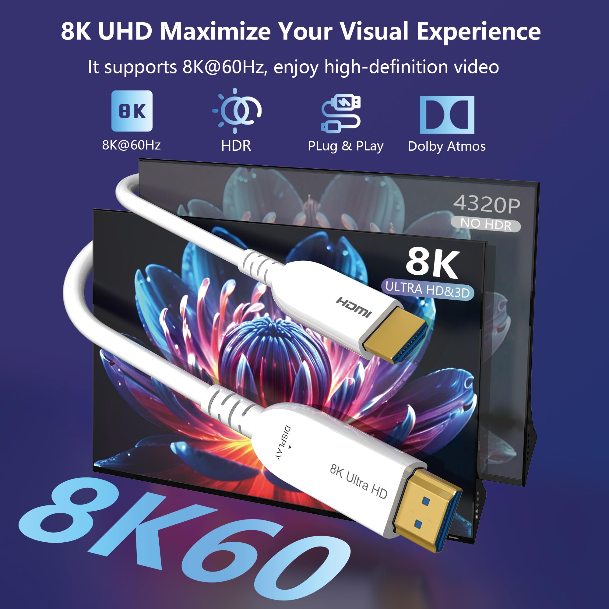 Cavo HDMI in fibra ottica 8K, 45 m, lungo cavo attivo HDMI 2.1, 48 Gbps, ad altissima velocità, 8K a 60 Hz, 4K a 120 Hz, HDR10, eARC 3D HDCP 2.3, compatibile per laptop, PC, monitor, PS5, PS4, Xbox