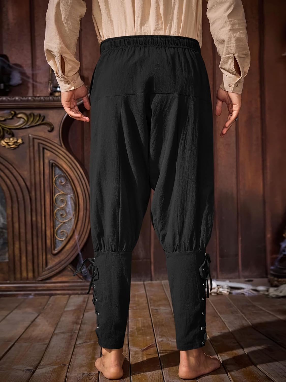 Runcati Mens Medieval Ankle Banded Pants Renaissance Viking Pirate Navigator Costume Pants Lace Up Cotton Halloween Trousers - Image 3