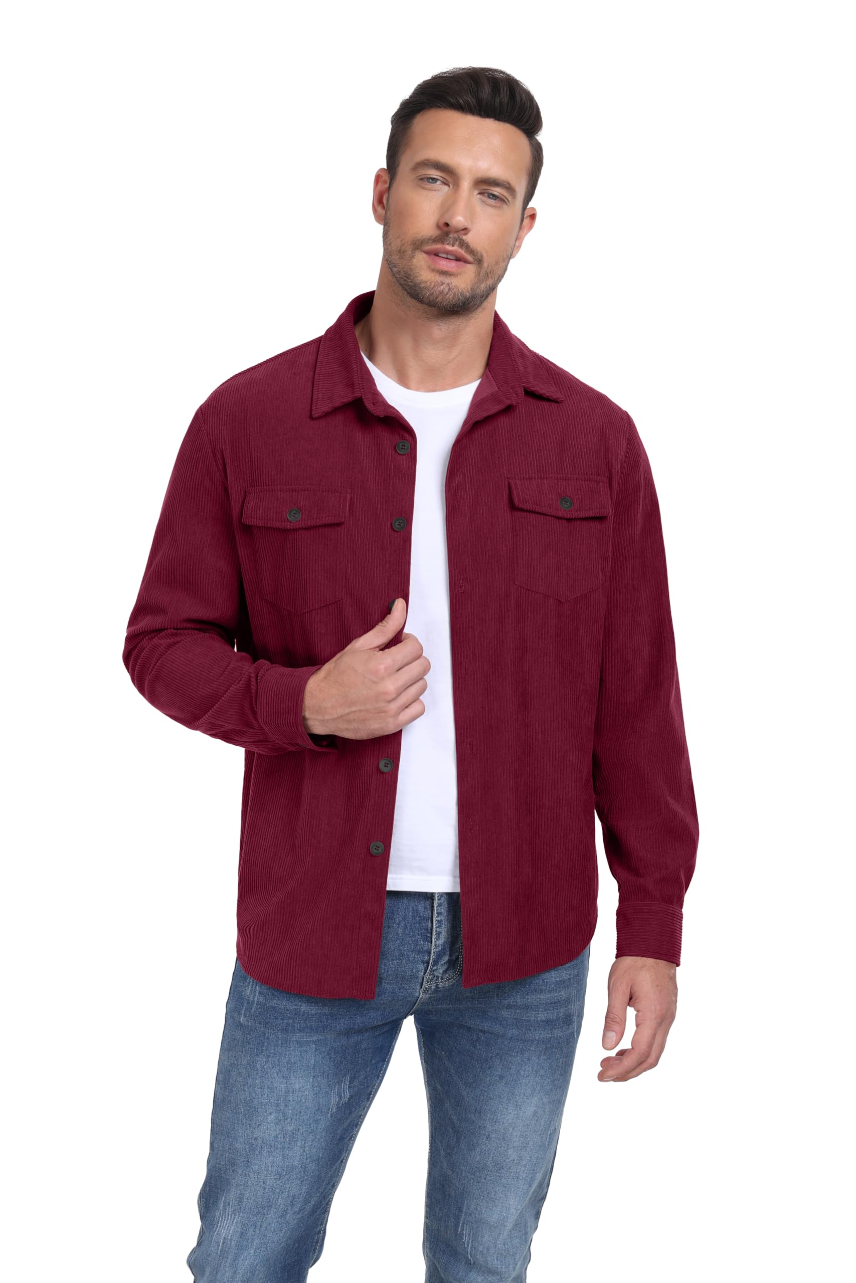 QIXING Camicie da uomo in velluto a coste con bottoni a maniche lunghe, giacca da camionista autunno inverno cappotti con tasche con patta