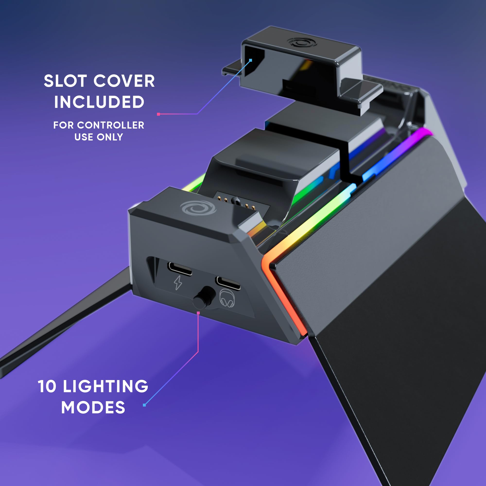 Cargador de Mando PS5 (estación de Carga rápida 2H, Soporte para Mando y Accesorio PS5, Doble Cargador Compatible con DualSense, Soporte extraíble de Carga para Auriculares Incluido