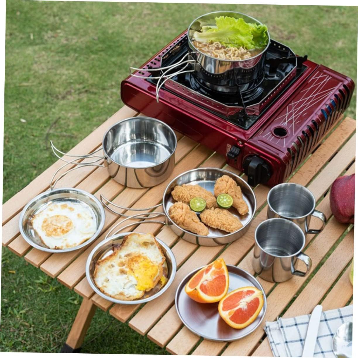 Generic 1 Set Camping Cookware Set Kit Cooker Lantern Utensil Camper Unit Gadgets Bin Dinnerware Mini Toaster Camp Oven Portable Camping Stove Rack Gazebo Lighters Silver Stainless Steel