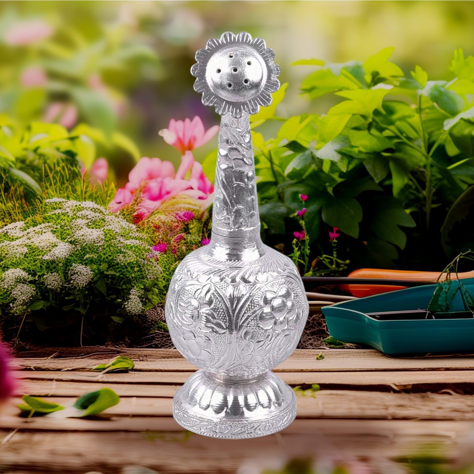 Denique German Silver-Plated Attardani for Pooja Room, Gulab Fragrance Holder or Rose Fragrance Dani for Home Temple, Pooja Items for Gift