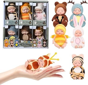 SwankyStyle 6 Pcs Mini Baby Dolls 4 Inch Gift Set, Cute Small Baby Doll Toys with Animal Clothes for Christmas Stockings, or Dollhouse Collections. Style D