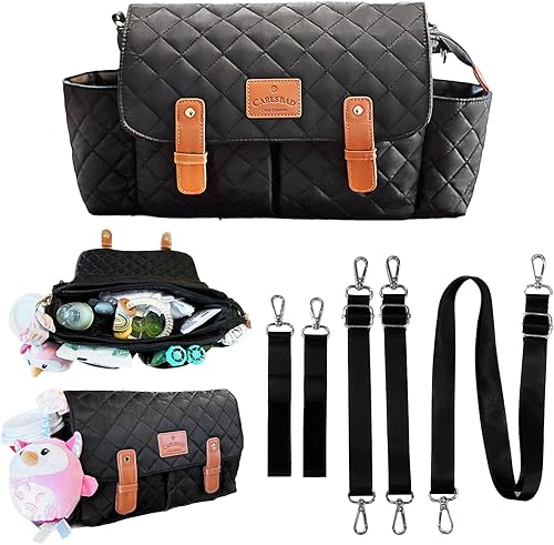 Miniatura 8 de Elegante organizador universal de nailon acolchado negro para cochecito, portavasos y bolsa aislada para botellas, 3 opciones de correa incluidas,