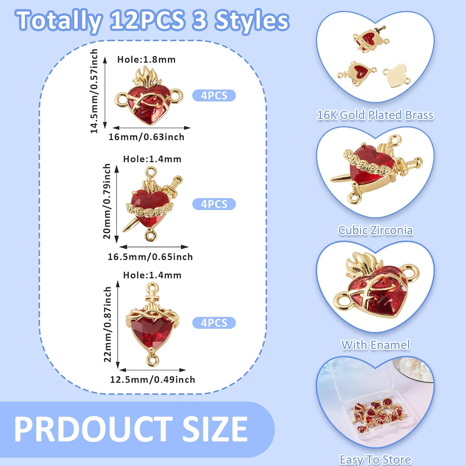 12Pcs 16K Gold Plated Sacred Heart Charms Cubic Zirconia Sacred Heart of Jesus Connector Charms Gothic Red Love Link Pendants for Earring Necklace Bracelet Jewelry Making 3 Styles - Image 4