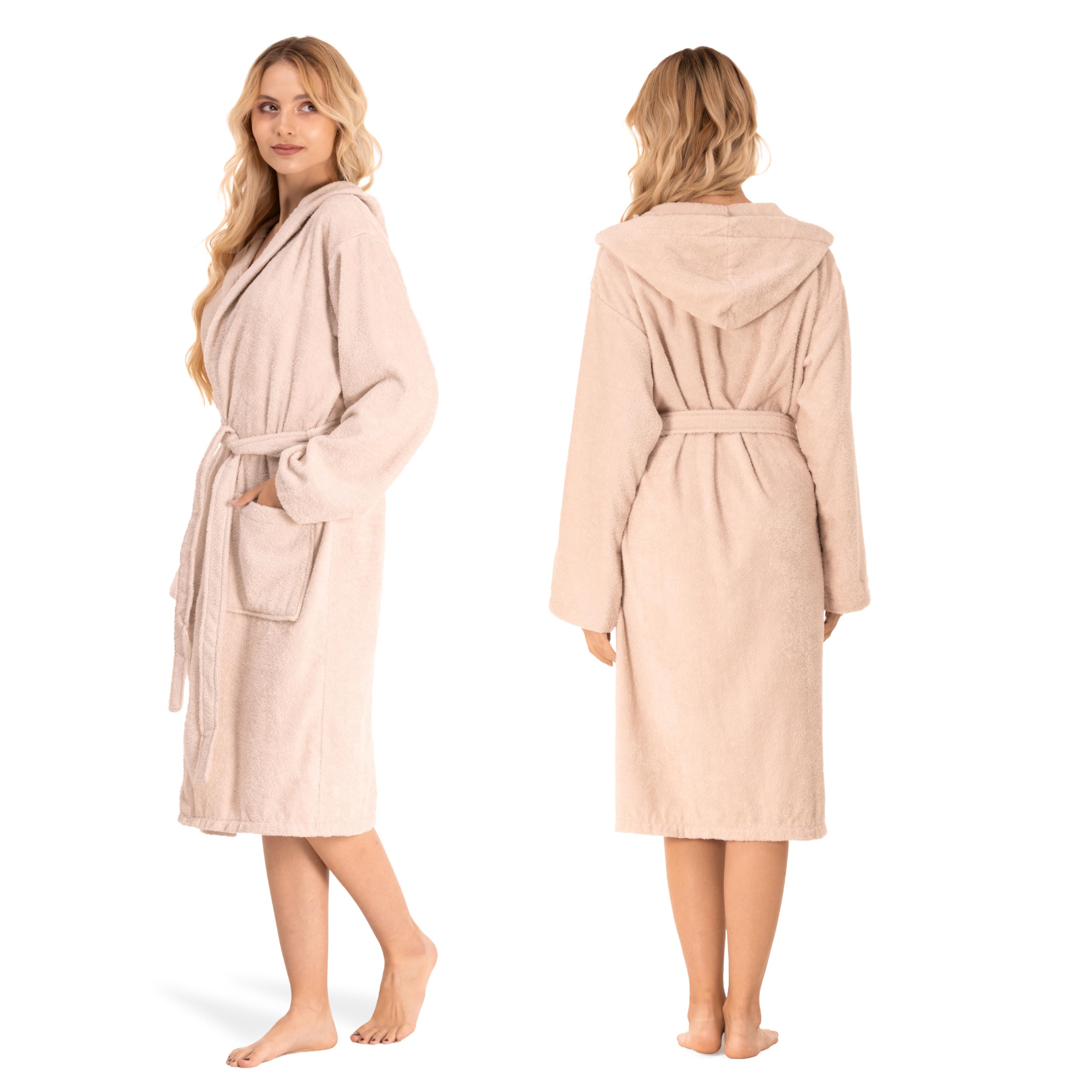 Twinzen Peignoir de Bain Femme - XS, S, M, L, XL - 100% Coton avec Capuche - Certifié OEKO-TEX® - Robe de Chambre Eponge 2 Poches, Ceinture - Doux, Absorbant et Confort